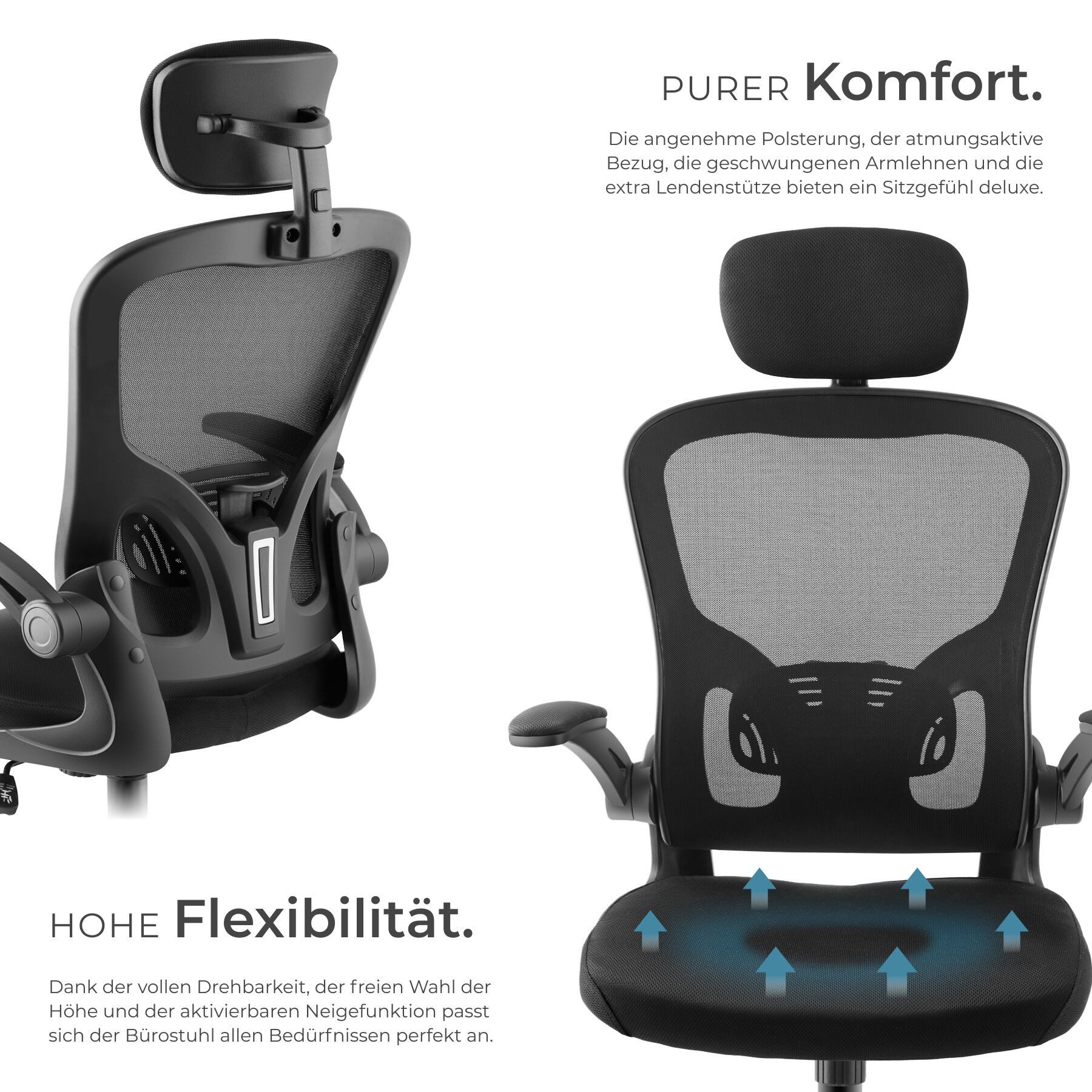 tectake Drehstuhl Ergonomischer Bürostuhl mit Kopfstütze und Lordosenstütze (Schreibtischstuhl Arges, 1 St), Netzbezug, klappbare Armlehnen, Wippfunktion, 150 k – Bild 3 von 5