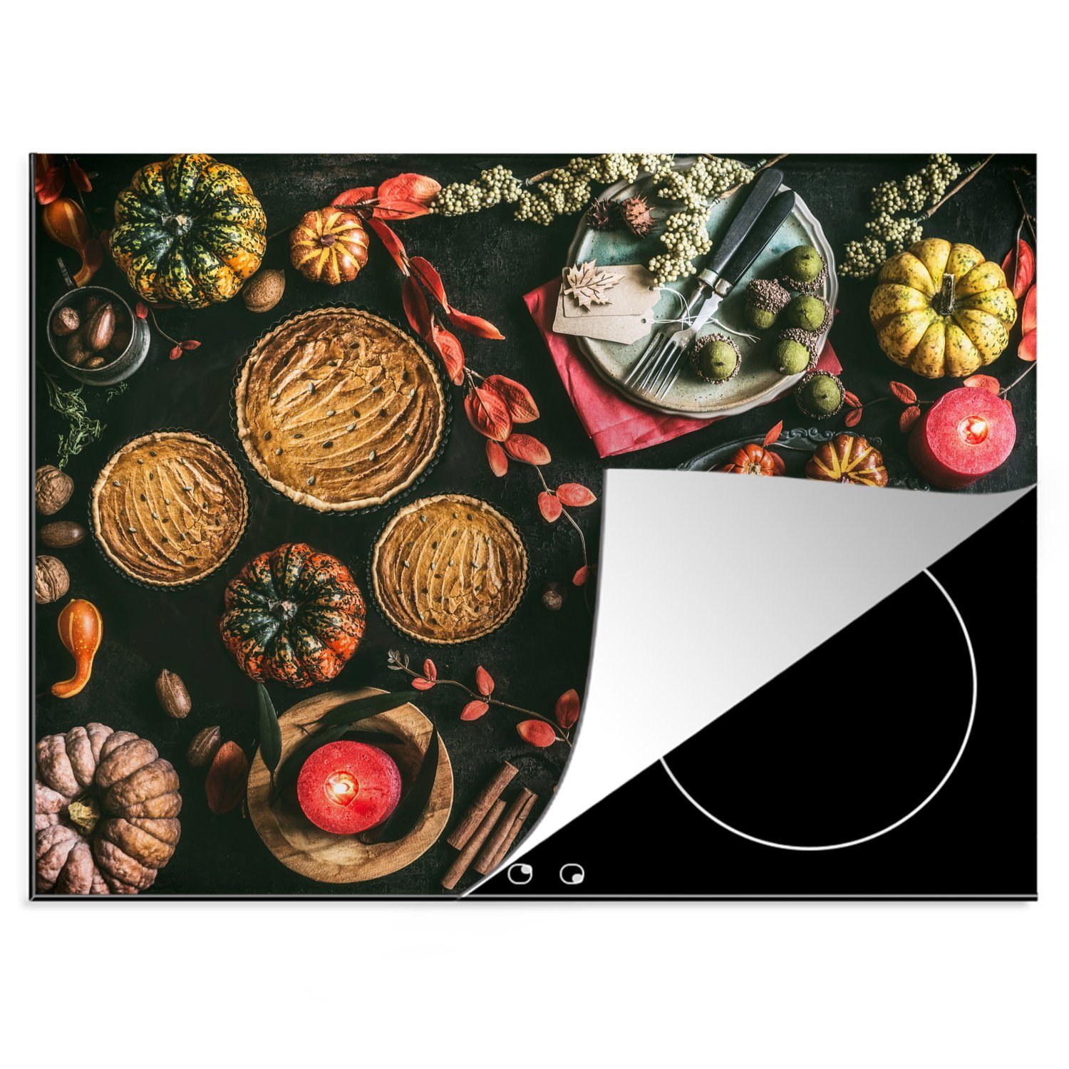 MuchoWow Herdblende-/Abdeckplatte Blick von oben auf das Essen an Thanksgiving, Vinyl, (1 tlg), 70x52 cm, Mobile Arbeitsfläche nutzbar, Ceranfeldabdeckung