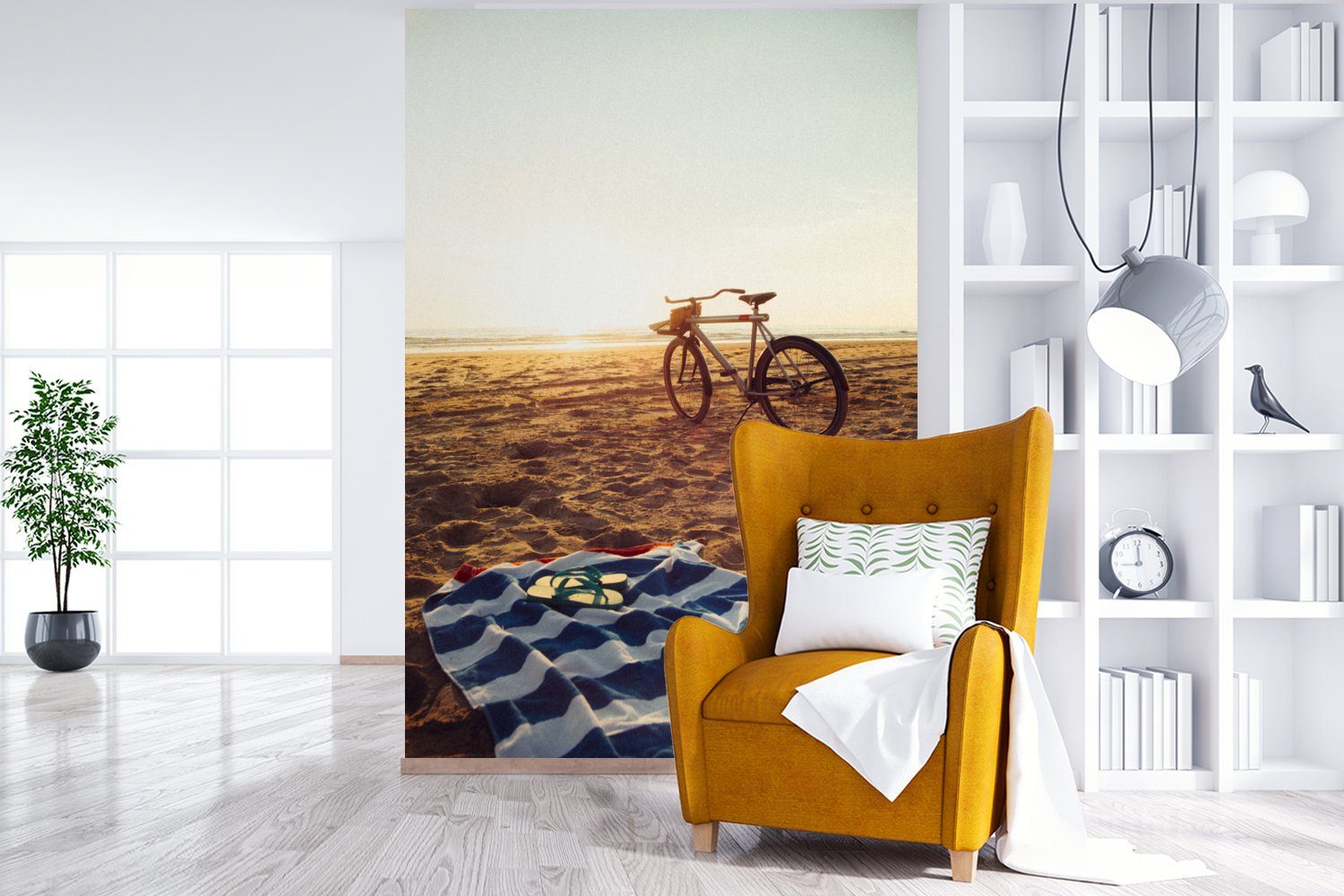 Wandtapete Fototapete Handtuch, für Fahrrad Matt, Wohnzimmer, - Tapete - St), Montagefertig (3 Strand bedruckt, MuchoWow Vinyl