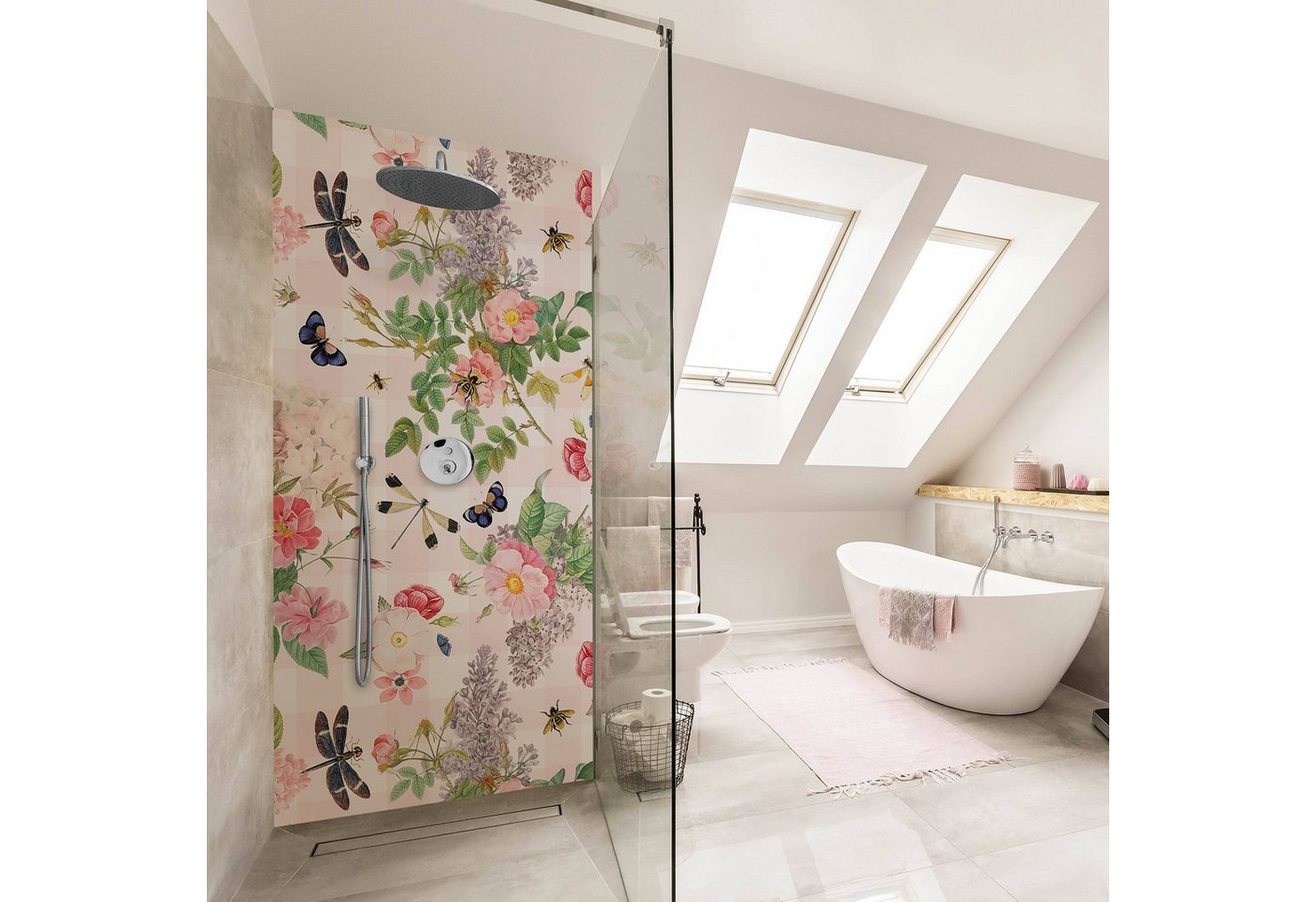 Thumbnail - Bilderdepot24 Badrückwand Muster rosa Duschrückwand ohne Bohren Dusche, (Hartfolie matt » Selbstklebend PREMIUM 0,61 mm)...