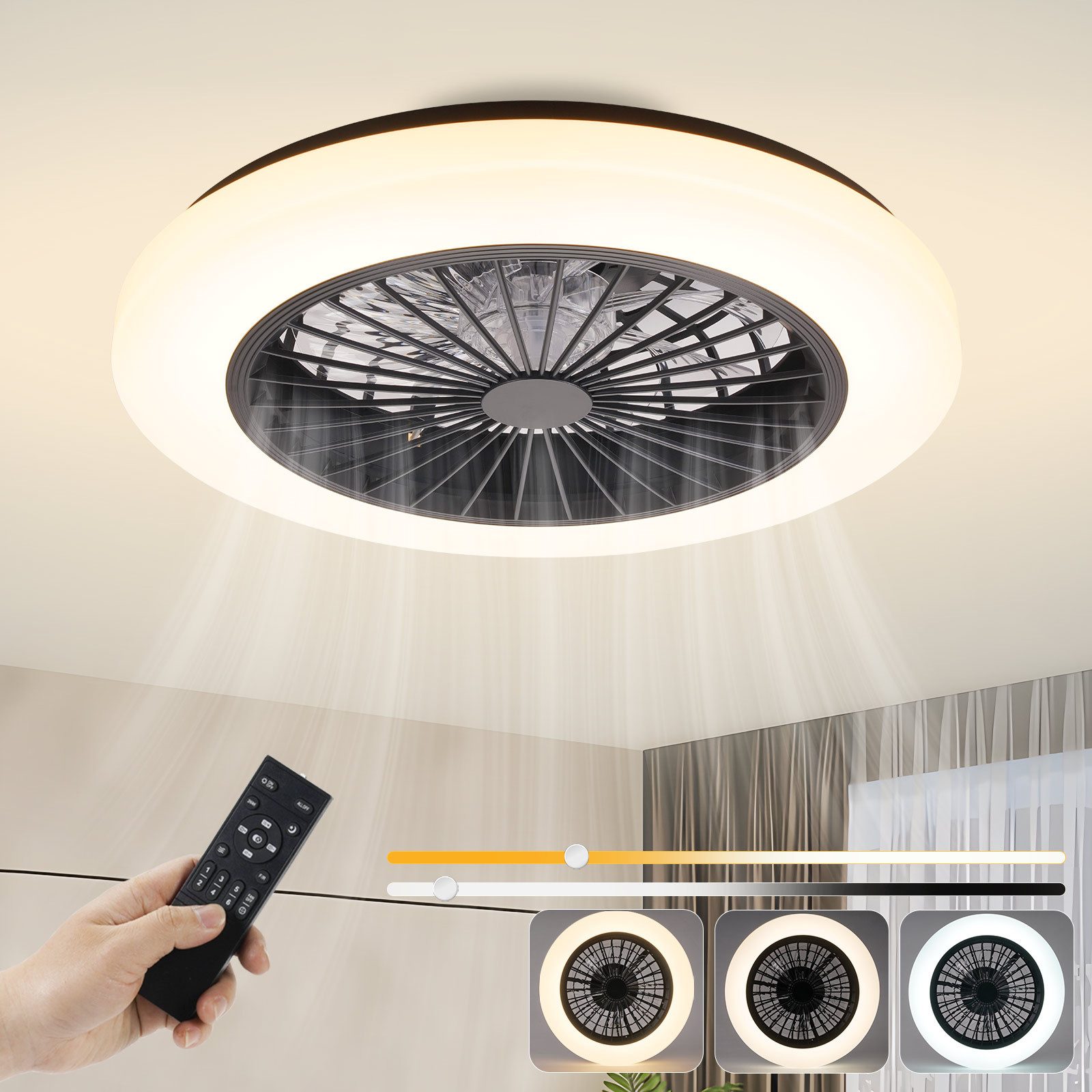 Nettlife Deckenventilator Leiser LED-Licht und Fernbedienung 40 W dimmbar Timer modern, 6 Geschwindigkeiten Deckenlampe Ventilator für Wohnzimmer Schlafzimmer