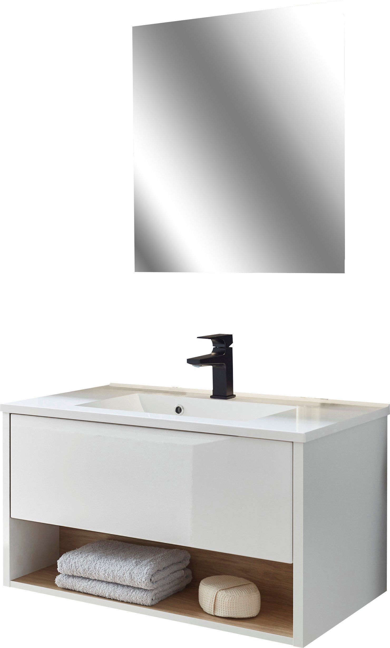 Home affaire Badmöbel-Set Studio Line, Bad im modernen Design, 2-teiliges Badezimmer, (2-St), Waschtisch und Spiegel, in zwei Farben verfügbar, viel Stauraum