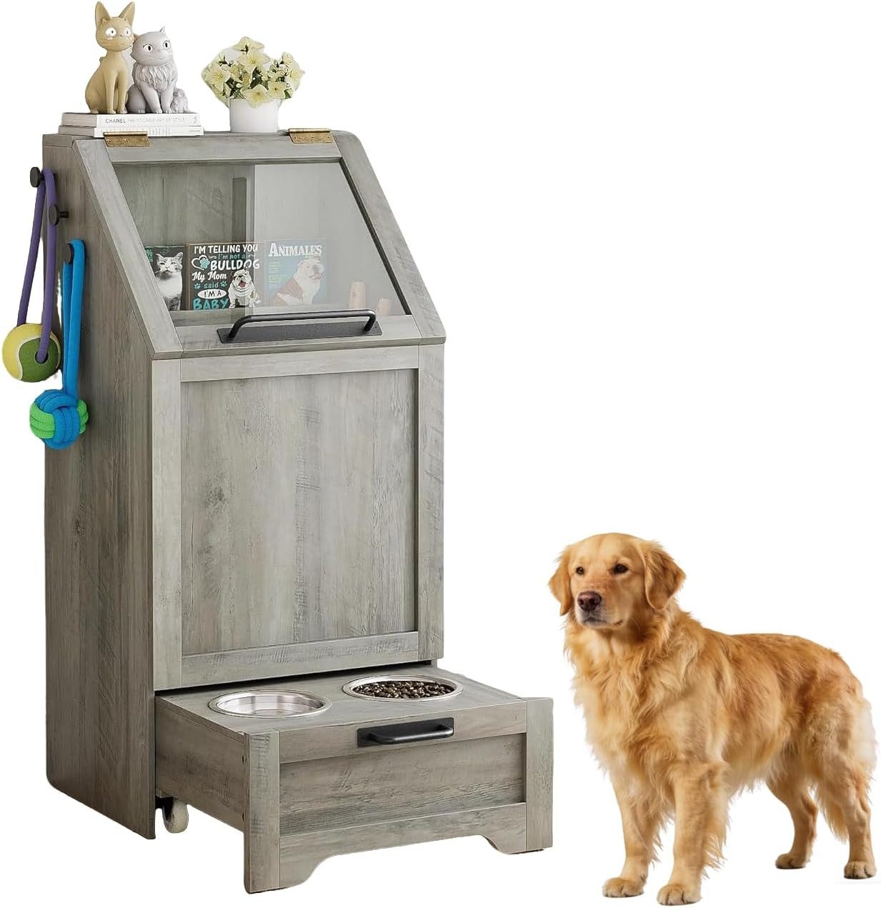 GarveeMore Futterstation Futterschrank Hunde mit 2 Edelstahlnäpfen Tierfutterschrank