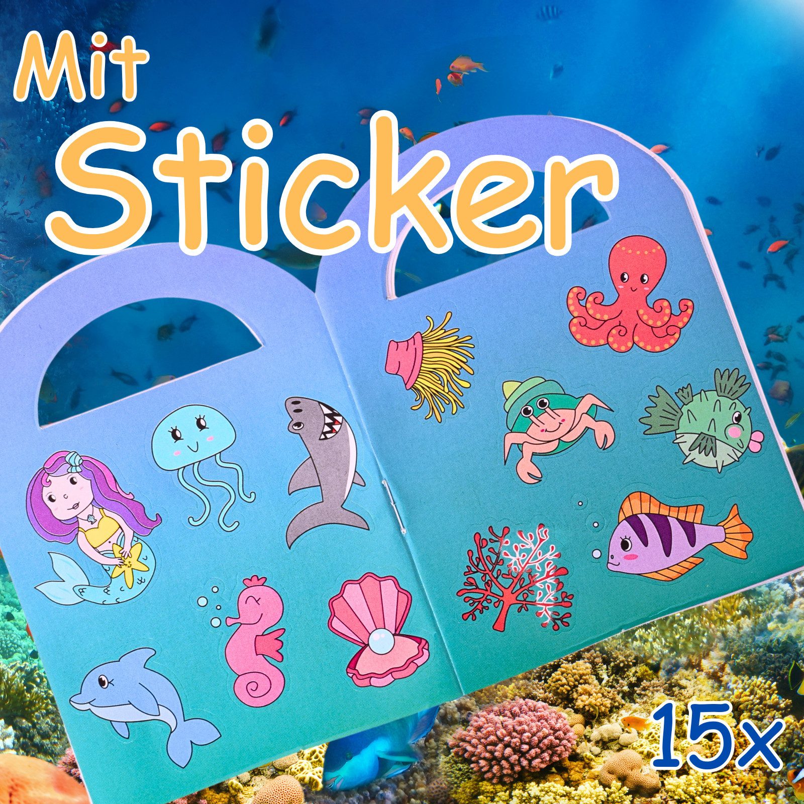 TE-Trend Stickerbuch 12 Stück Meerjungfrau Motiv Malheft Ausmalheft Set mit je 15 Sticker, mit 15 Meerjungfrau-Sticker