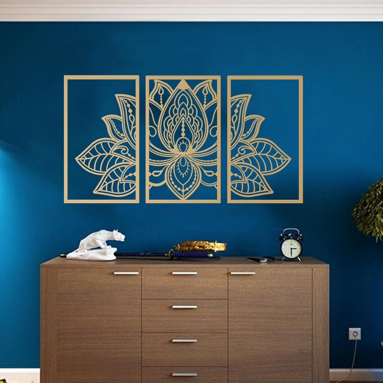 ESTART Metallbild Großes Lotus Mandala Metall Wanddeko 3-teiliges Set für Wohnzimmer