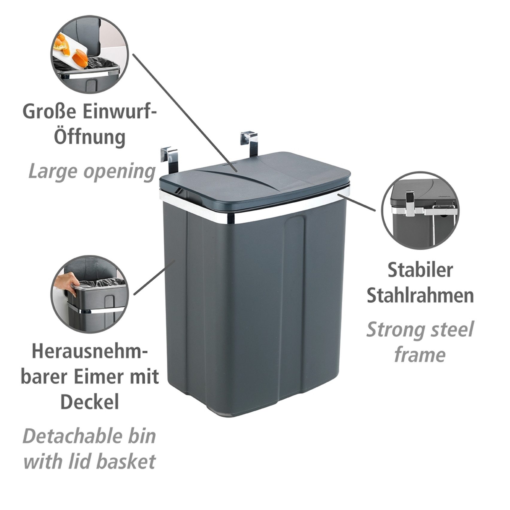 WENKO Mülleimer Tür-Abfalleimer, zum Einhängen in Schrank und Schublade, 12 L