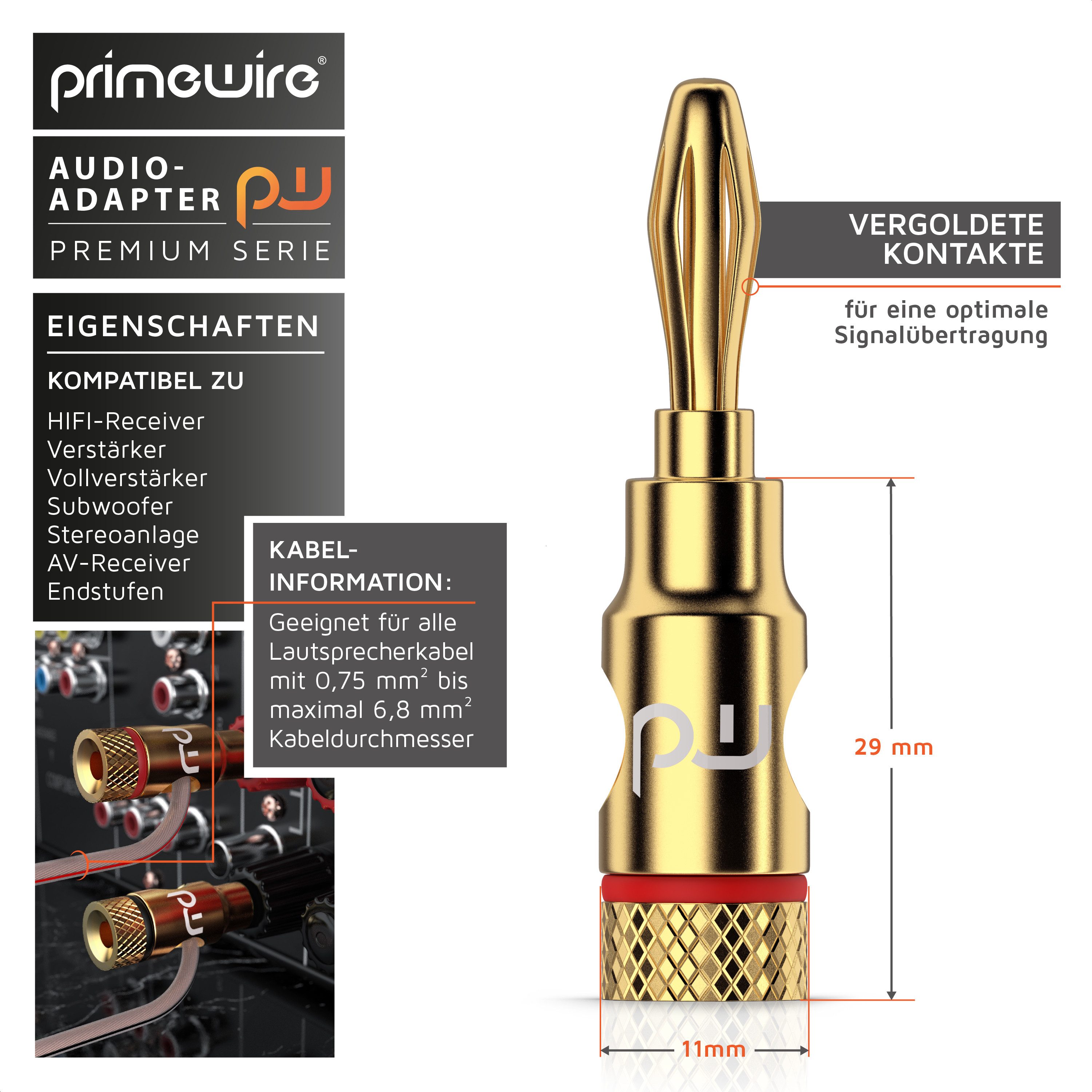 Primewire Bananenstecker für Kabel bis 6,8mm² für Lautsprecherkabel & Verstärker Audio-Adapter Bananenstecker zu Bananenbuchse, einfache Schraubmontage, fester  – Bild 2 von 5
