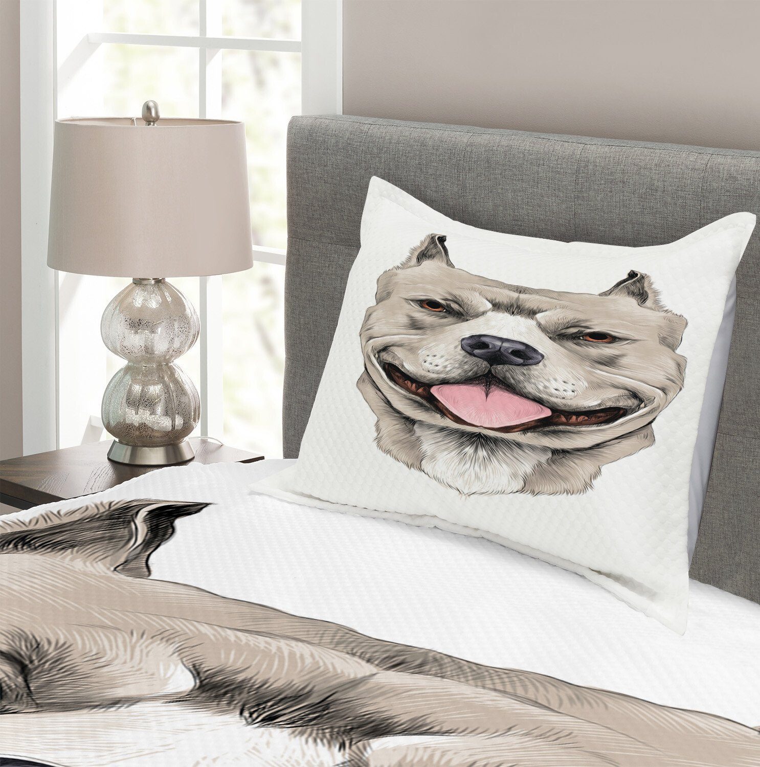 Waschbar, Kissenbezügen Realistische Pitbull Terrier Abakuhaus, Sketch mit Tagesdecke Set