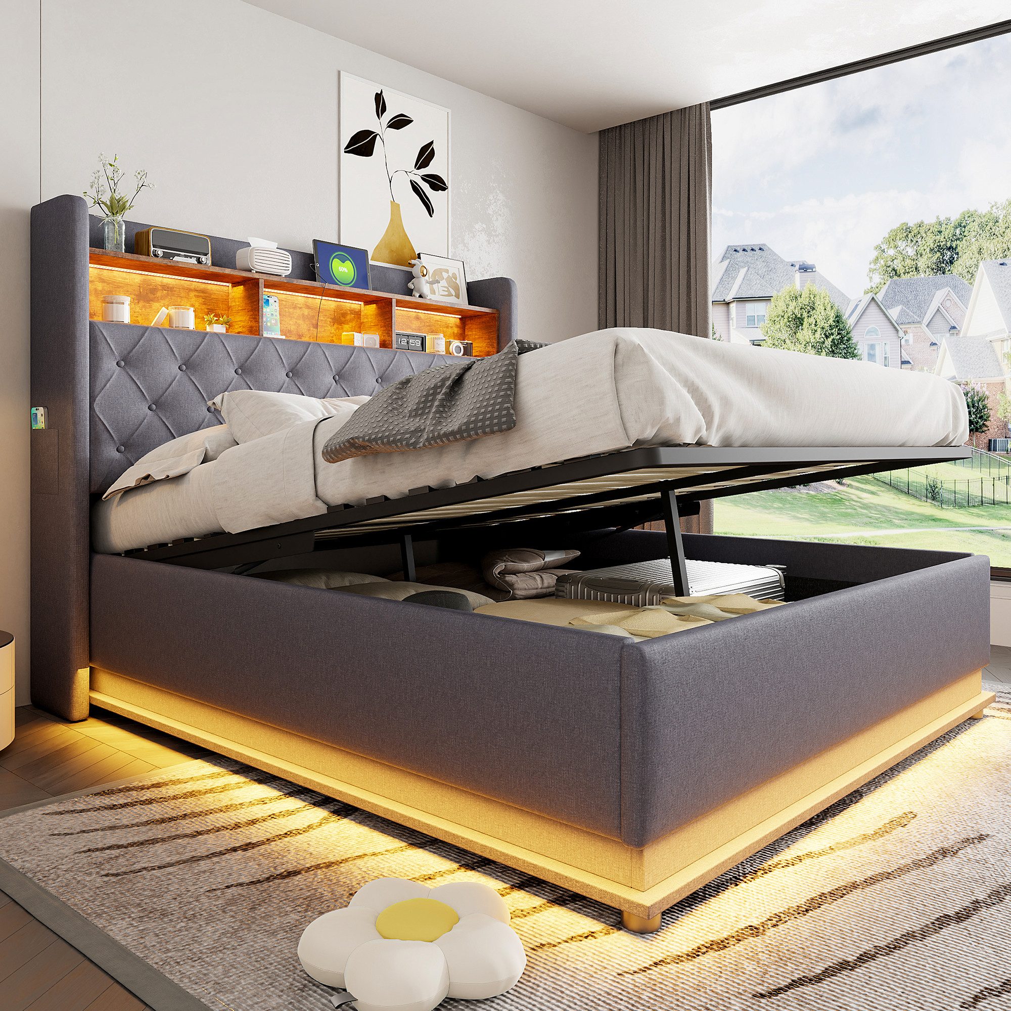 Flieks Polsterbett, LED Doppelbett 160x200cm mit USB-Ladefunktion & hydraul günstig online kaufen