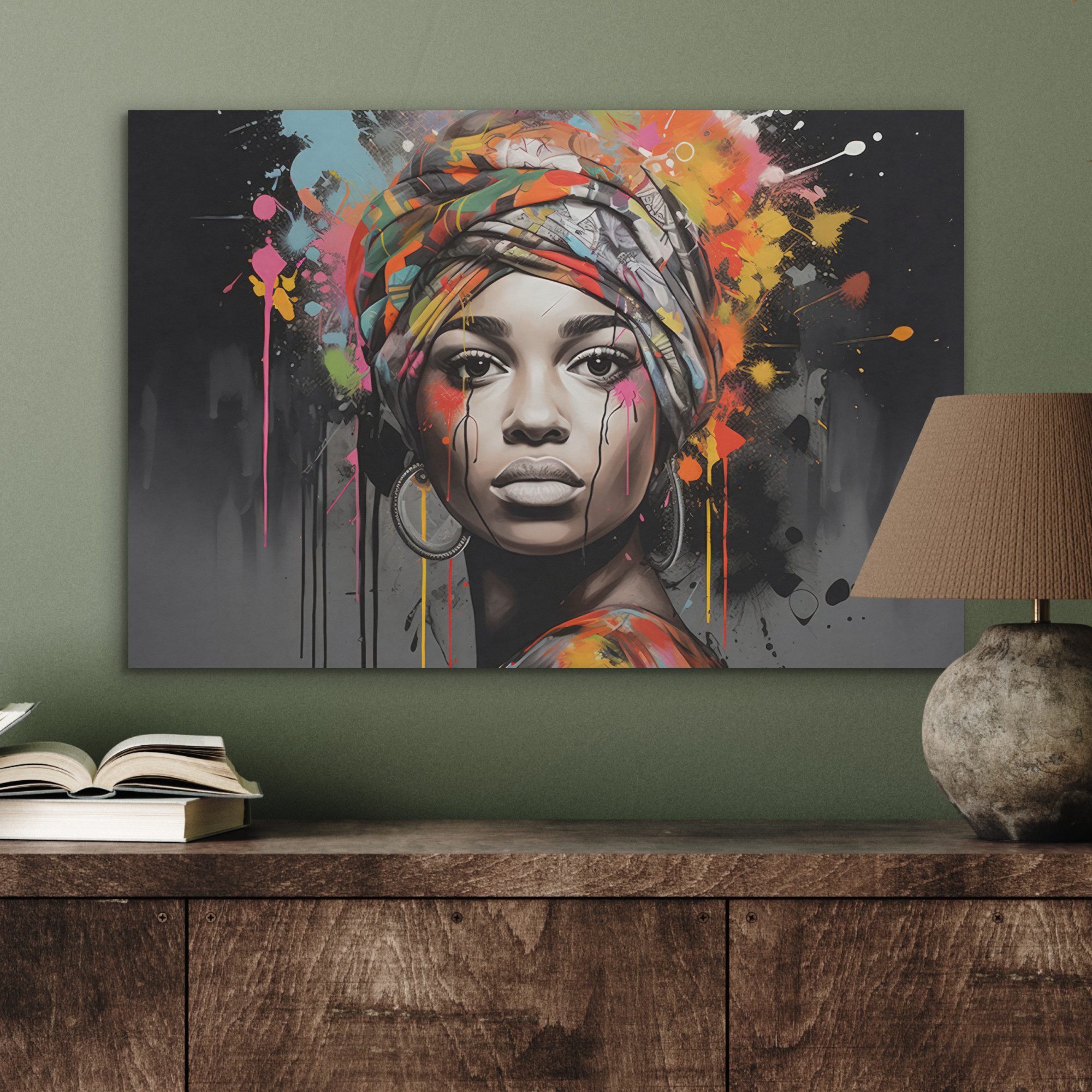 MuchoWow Gemälde Frau - Kopftuch - Graffiti - Schwarz, Fotodruck (1 St), Akustikbilder Schallabsorber, Wandpaneele, Akustikpaneele 60x40 cm