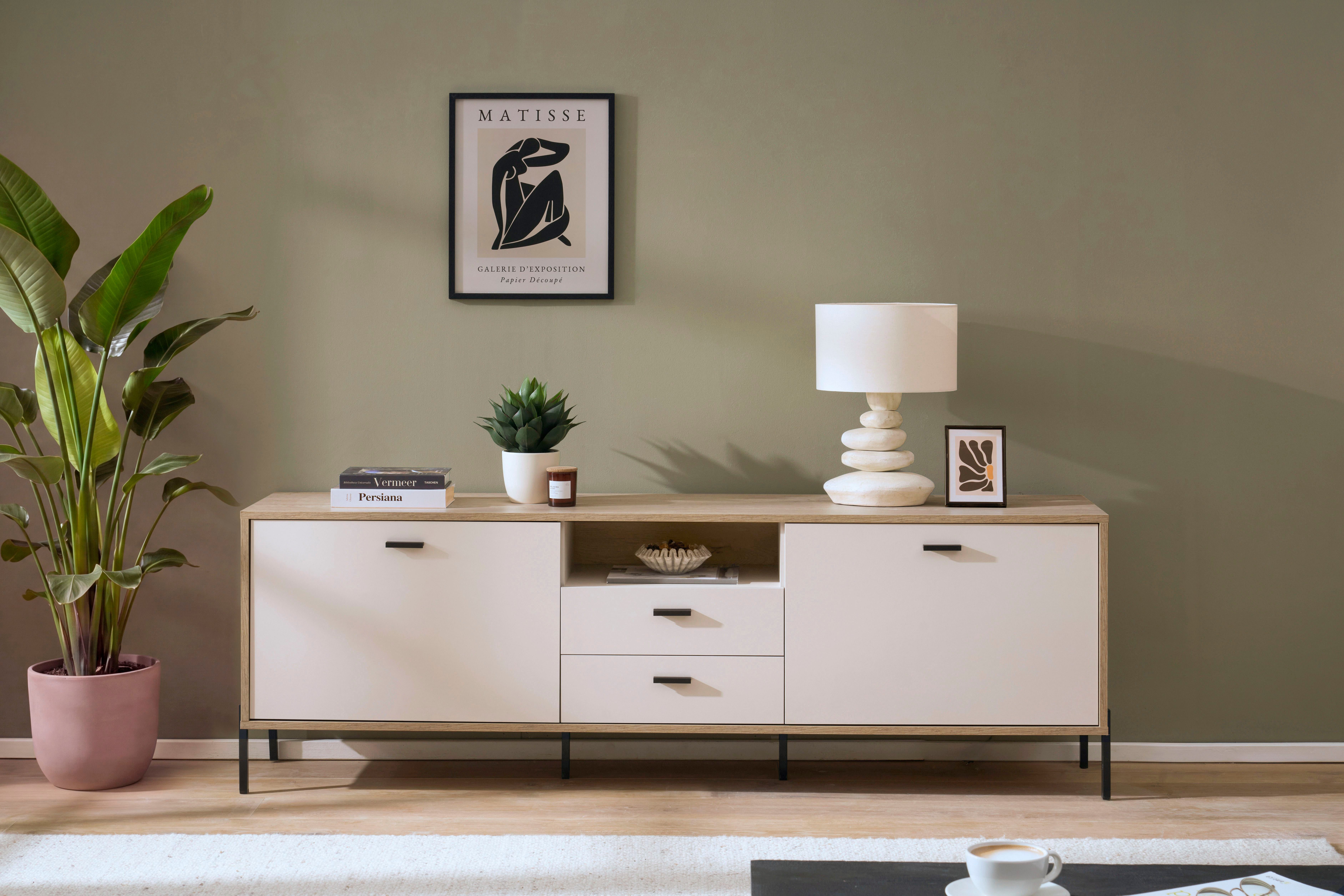 Home affaire Lowboard Fredericia, TV-Schrank in Kaschmir, moderner TV-Unterschrank, Kommode, zeitlos, schwarze Metallgriffe und -füße, ausreichend Stauraum