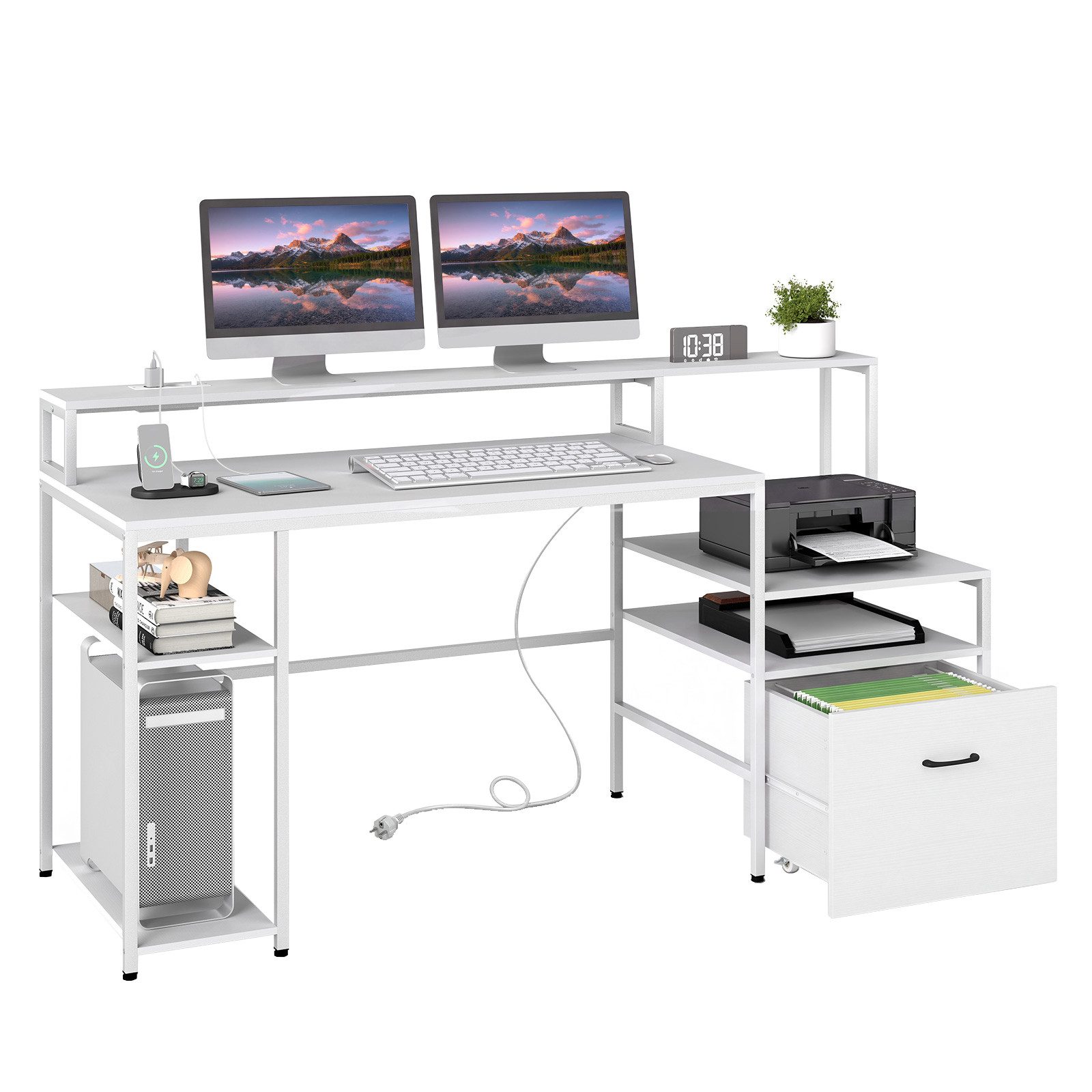 COSTWAY Computertisch, Mit Ladestation, mehrstöckiger Schreibtisch