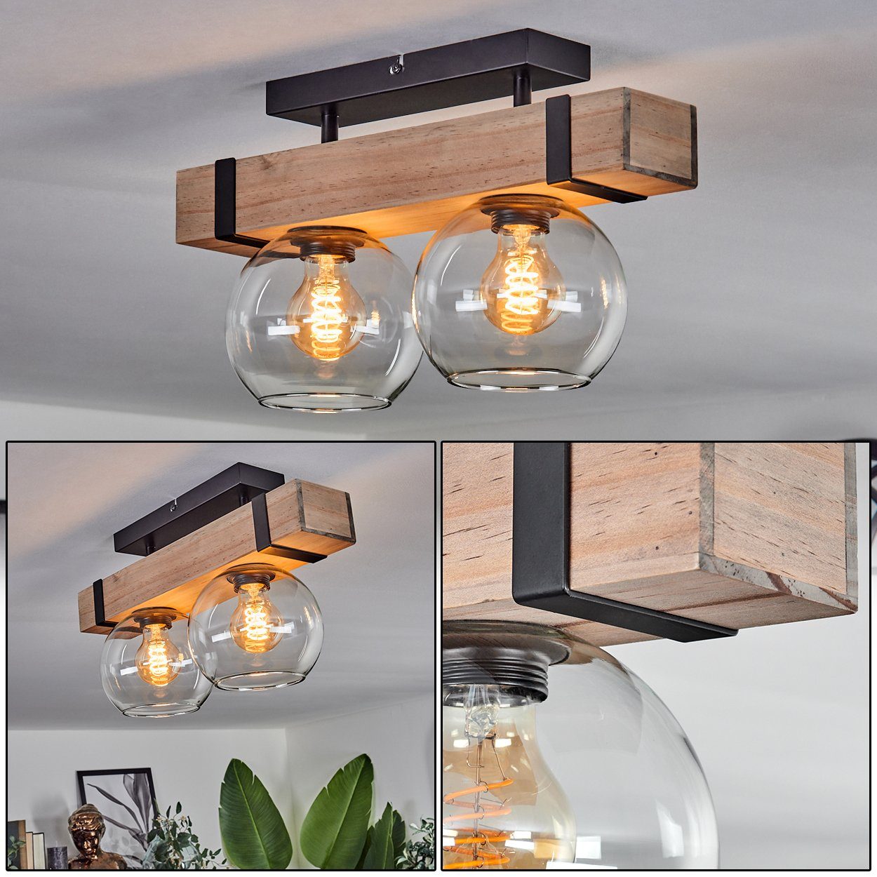 hofstein Deckenleuchte Deckenlampe aus Metall/Holz/Glas in Schwarz/Natur/Klar, ohne Leuchtmittel, mit Glasschirmen (15 cm), 2x E27, ohne Leuchtmittel