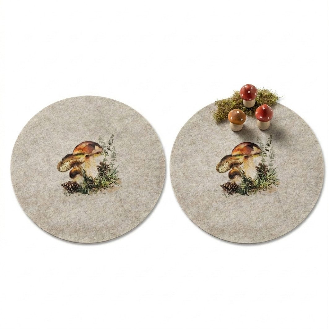 Home-trends24.de Platzset Platzmatte Pilz Tischset Platzdeckchen Herbst Filz Beige 2er Set, (2-St), Filz