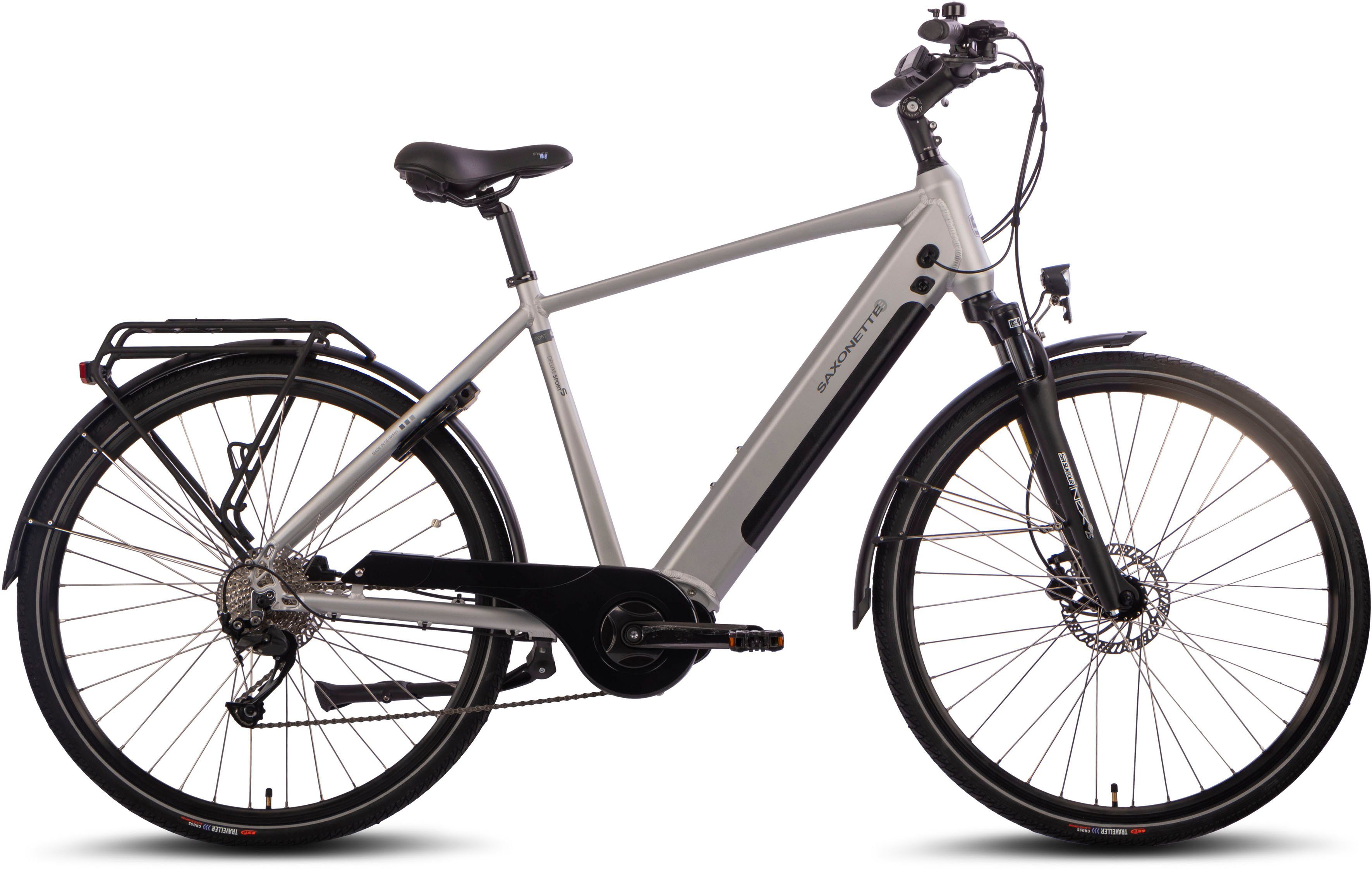 SAXONETTE E-Bike SAXONETTE Deluxe Sport (Diamant), 9 Gang Shimano Alivio Schaltwerk, Kettenschaltung, Mittelmotor, 418 Wh Akku, Pedelec, Elektrofahrrad für Damen u. Herren, Trekkingrad