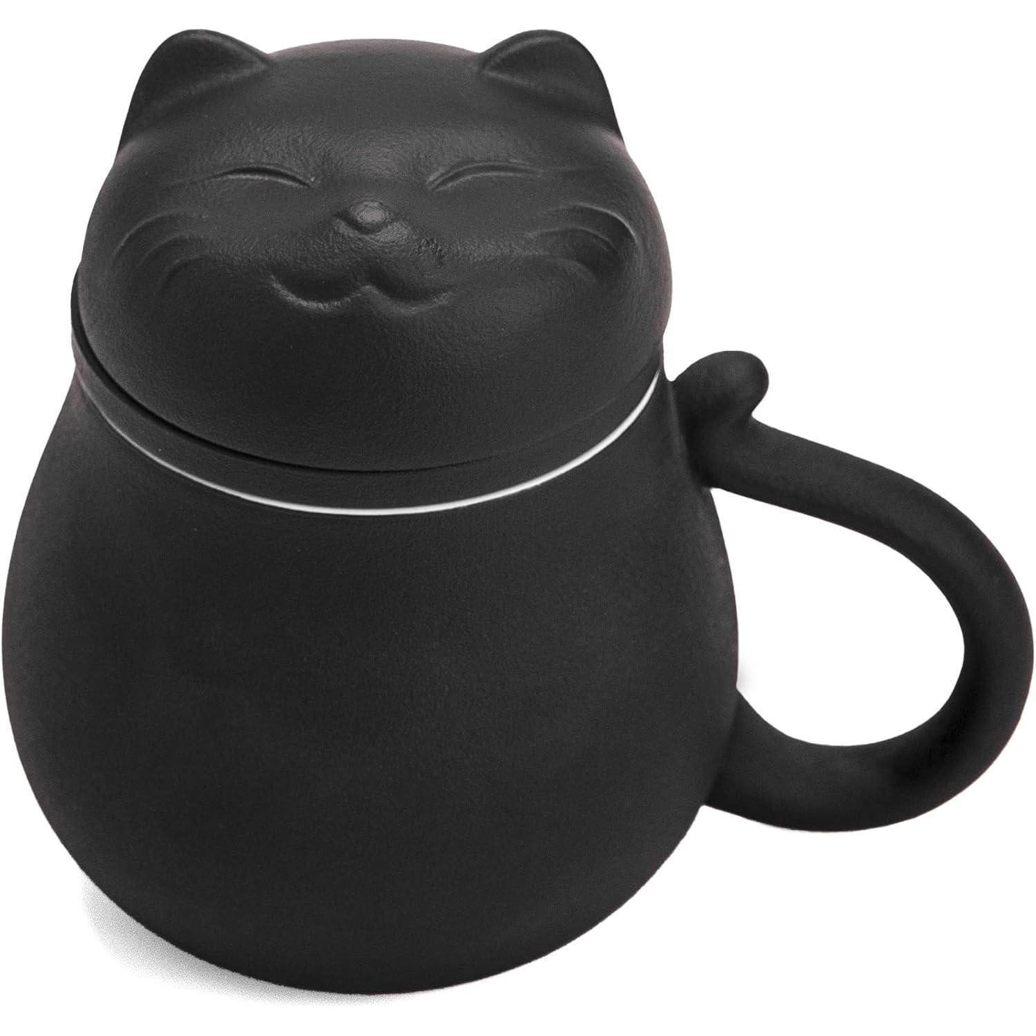 LuxusKollektion Tasse Teetasse Keramik Teesieb Deckel Katzendesign Geschenk Schwarz