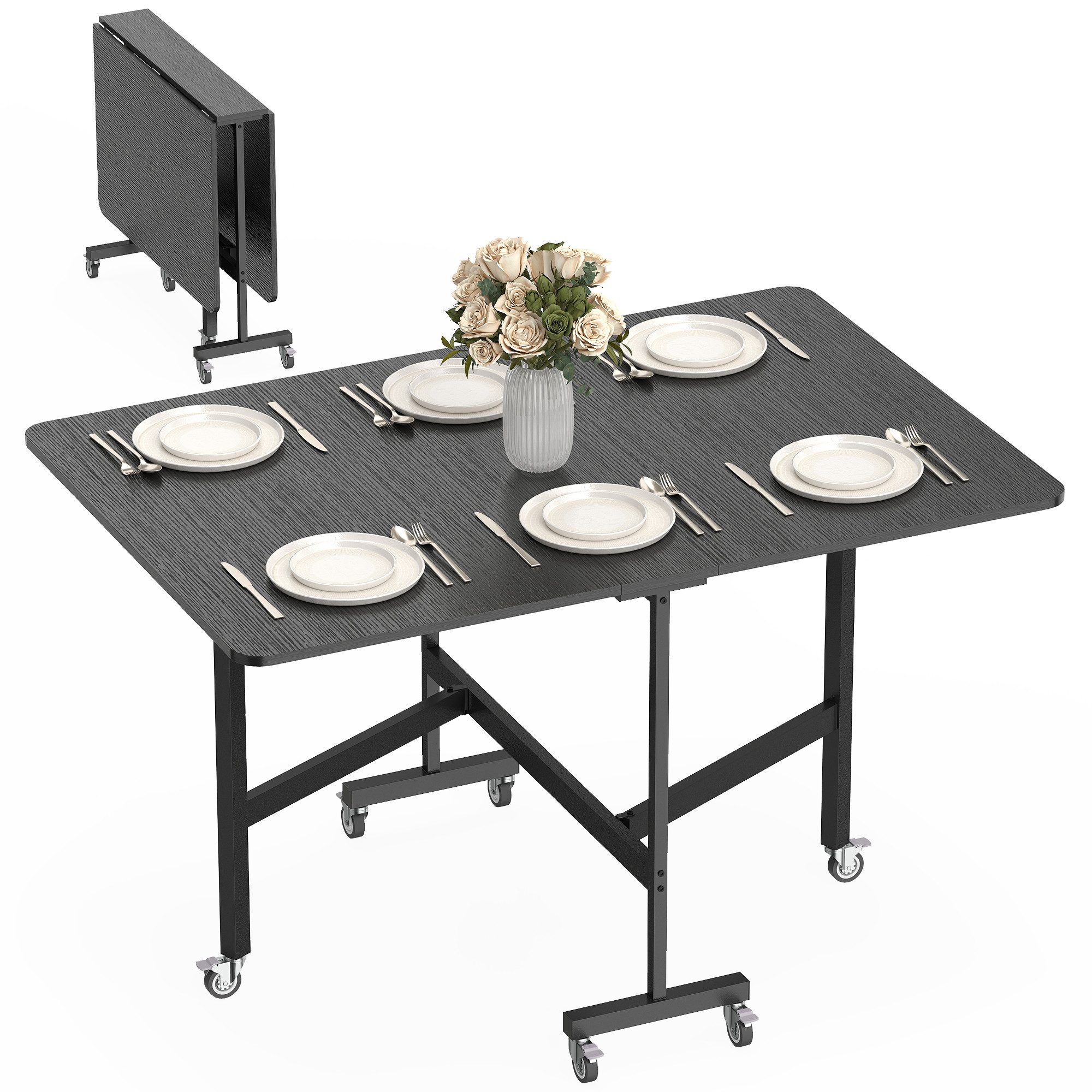HOMCOM Klapptisch Esstisch Küchentisch für 4-6 Personen, Stahlbeine (Set, 1-St., 1 Tisch), Platzsparend, klappbar, mit Rollen