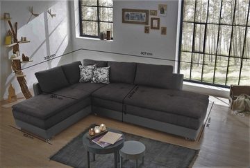 luma-home Ecksofa 15106, Dauerschläfer Doppelbett, Boxspring-Polsterung, Stauraum, Grau Anthrazit