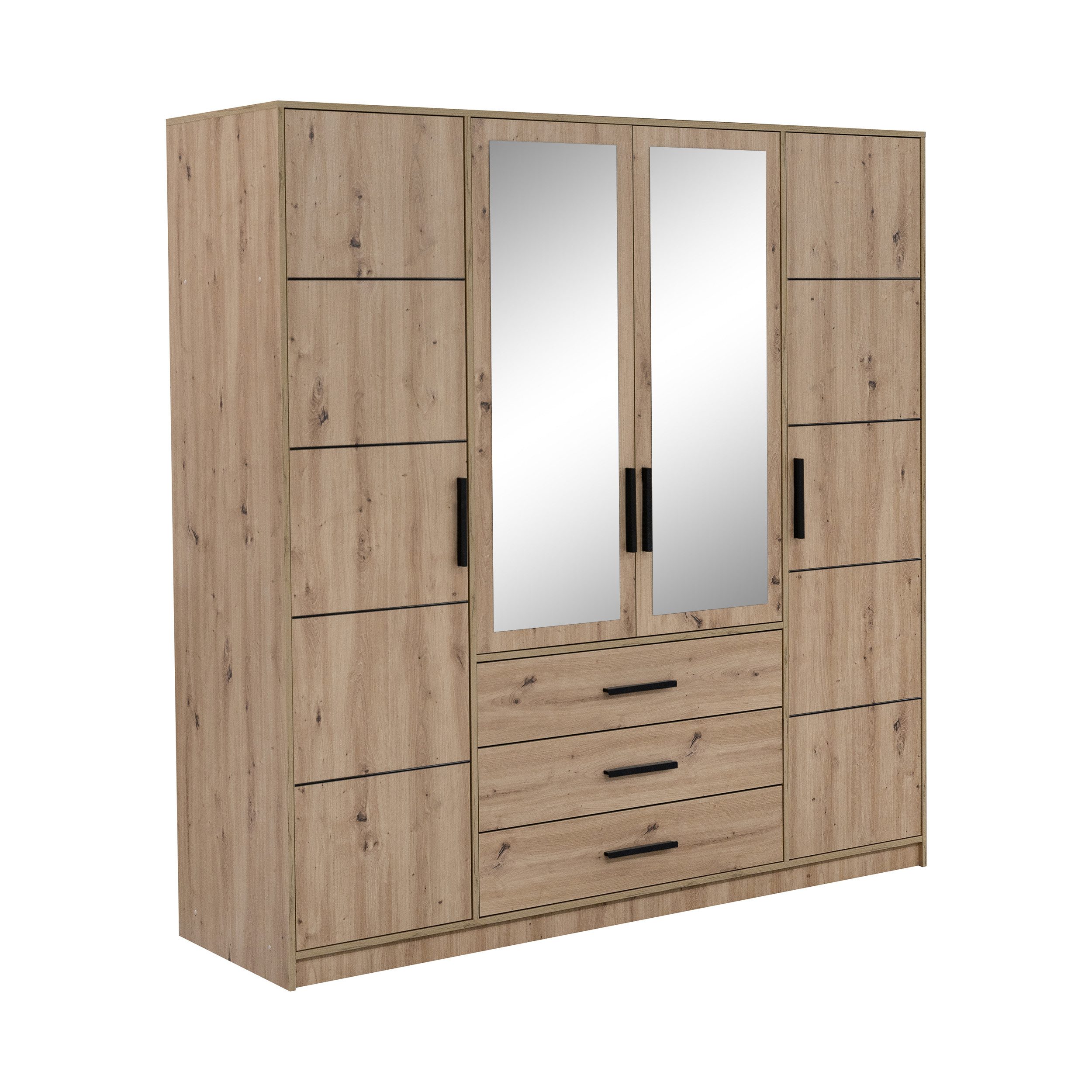 Beautysofa Drehtürenschrank KAVO mit Spiegel, 4 Türen und 3 Schubladen (Eiche Artisan, optional mit Aufsatz) Breite: 200 cm