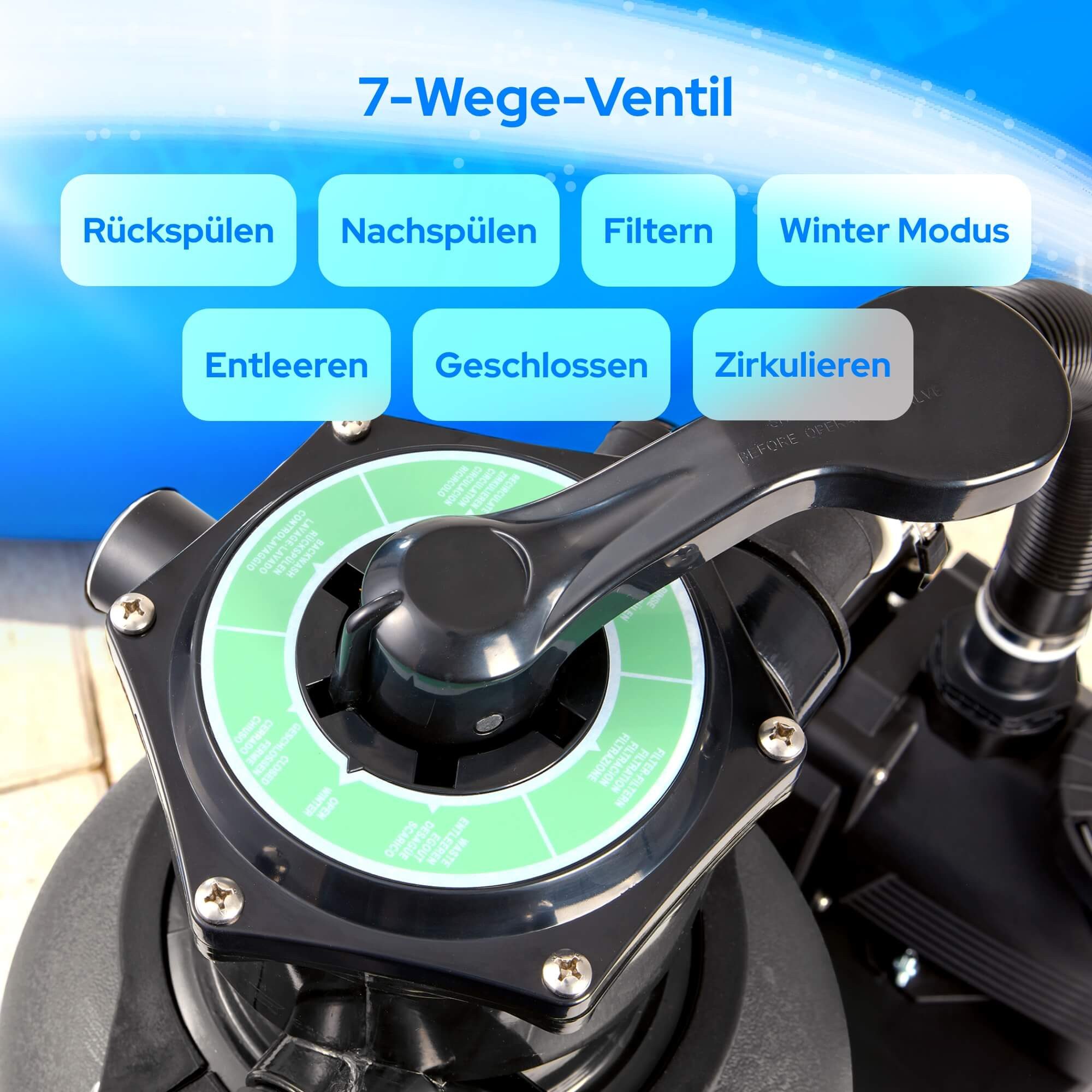 Arebos Sandfilteranlage mit Pumpe 350 W, 7-Wege-Ventil & 9500 l/h (max. 20 kg Sand), Geeignete Wassertemperatur: 10 - 35 °C – Bild 3 von 5