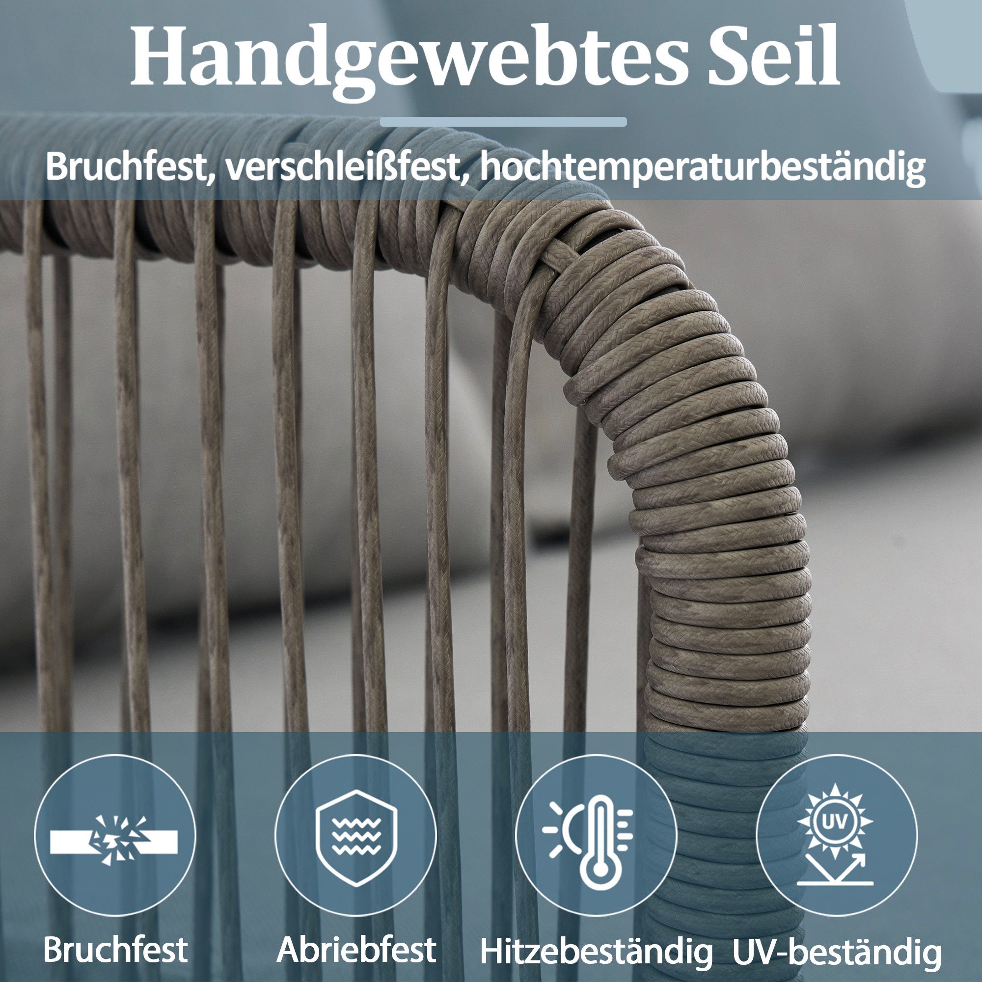 Celya Gartenlounge-Set Gartenlounges Balkon, Gartenmöbel Lounge Set mit Sofa, (handgeflochtenes Seil, Glasplatte in Holzmaserung-Stil, verzinkter Stahl, Grau), bequemen Kissen, 2-Sitzer-Sofa, 2 Sessel und Couchtisch