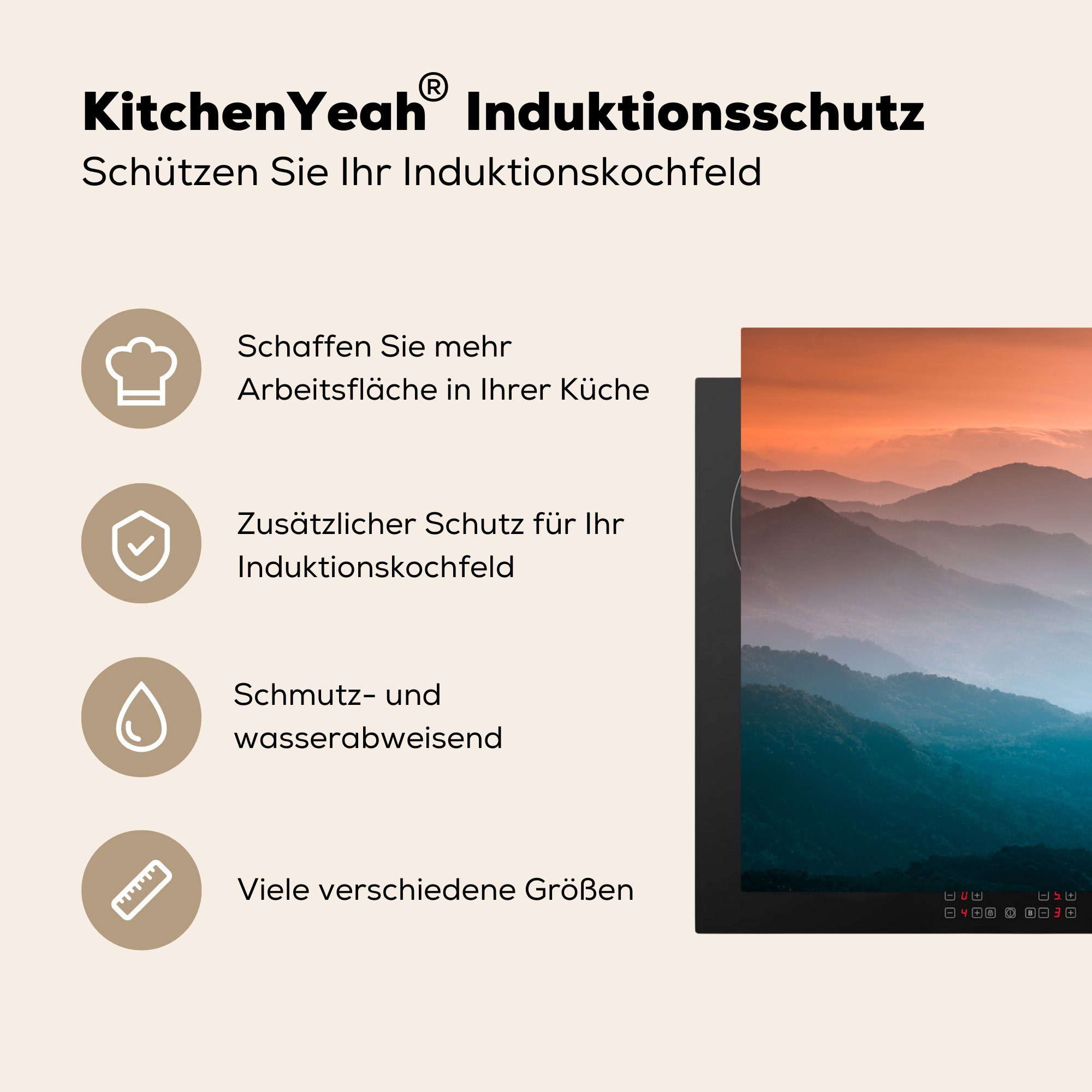 - MuchoWow Mobile Sonne cm, (1 - Orange tlg), Arbeitsfläche Ceranfeldabdeckung Natur, nutzbar, 70x52 Herdblende-/Abdeckplatte - Berge Vinyl,