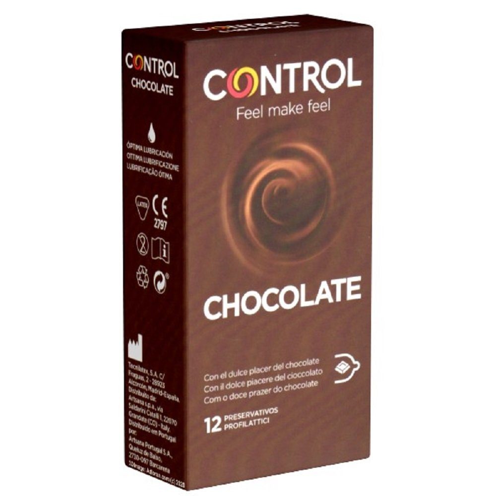 CONTROL CONDOMS Kondome Chocolate Packung mit, 12 St., dunkle Kondome mit Geschmack, Passform-Kondome mit Schokoladen-Aroma