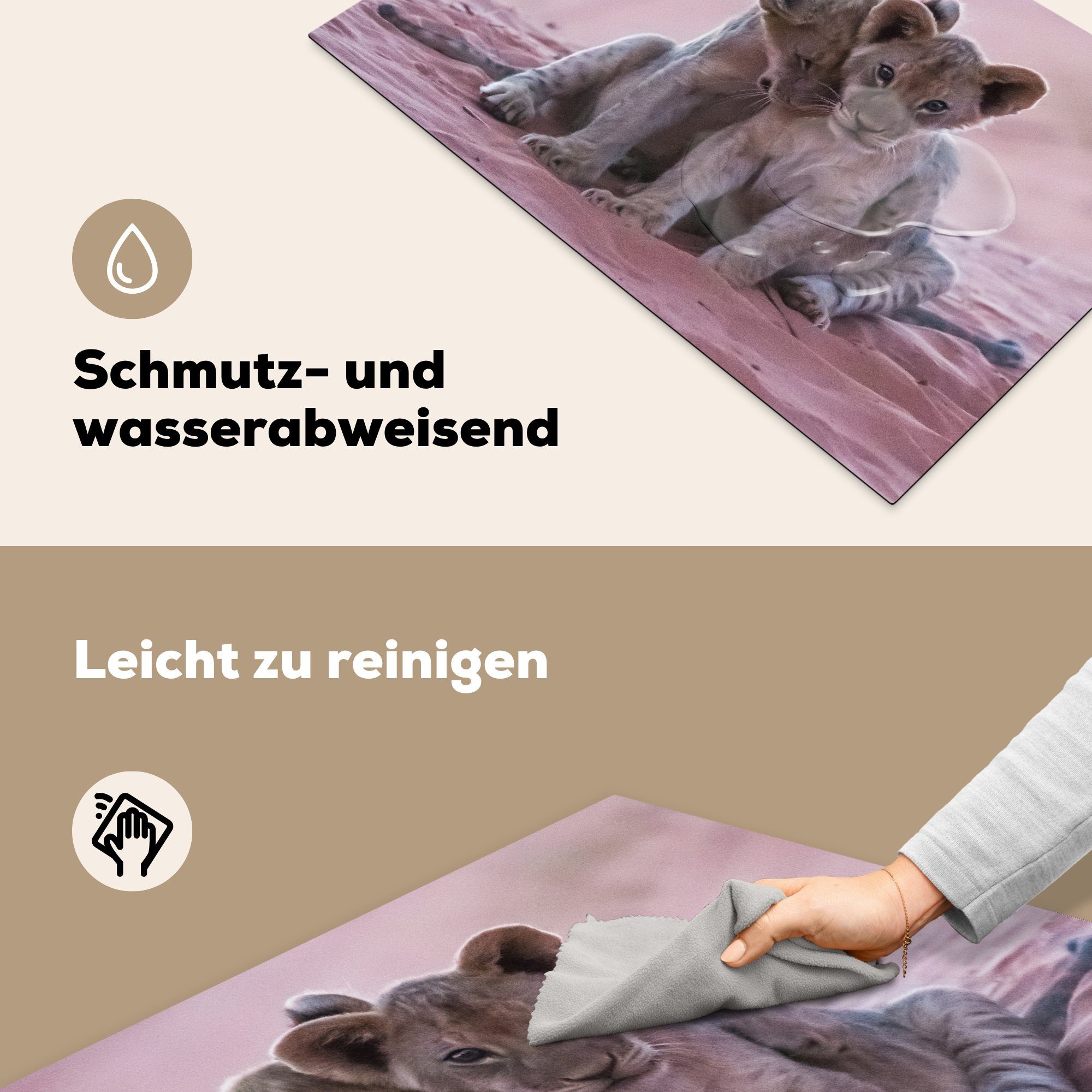 MuchoWow Herdblende-/Abdeckplatte Schutz Vinyl, für 81x52 tlg), Ceranfeldabdeckung Wild, die cm, küche, Löwe - - Löwenbaby (1 Induktionskochfeld