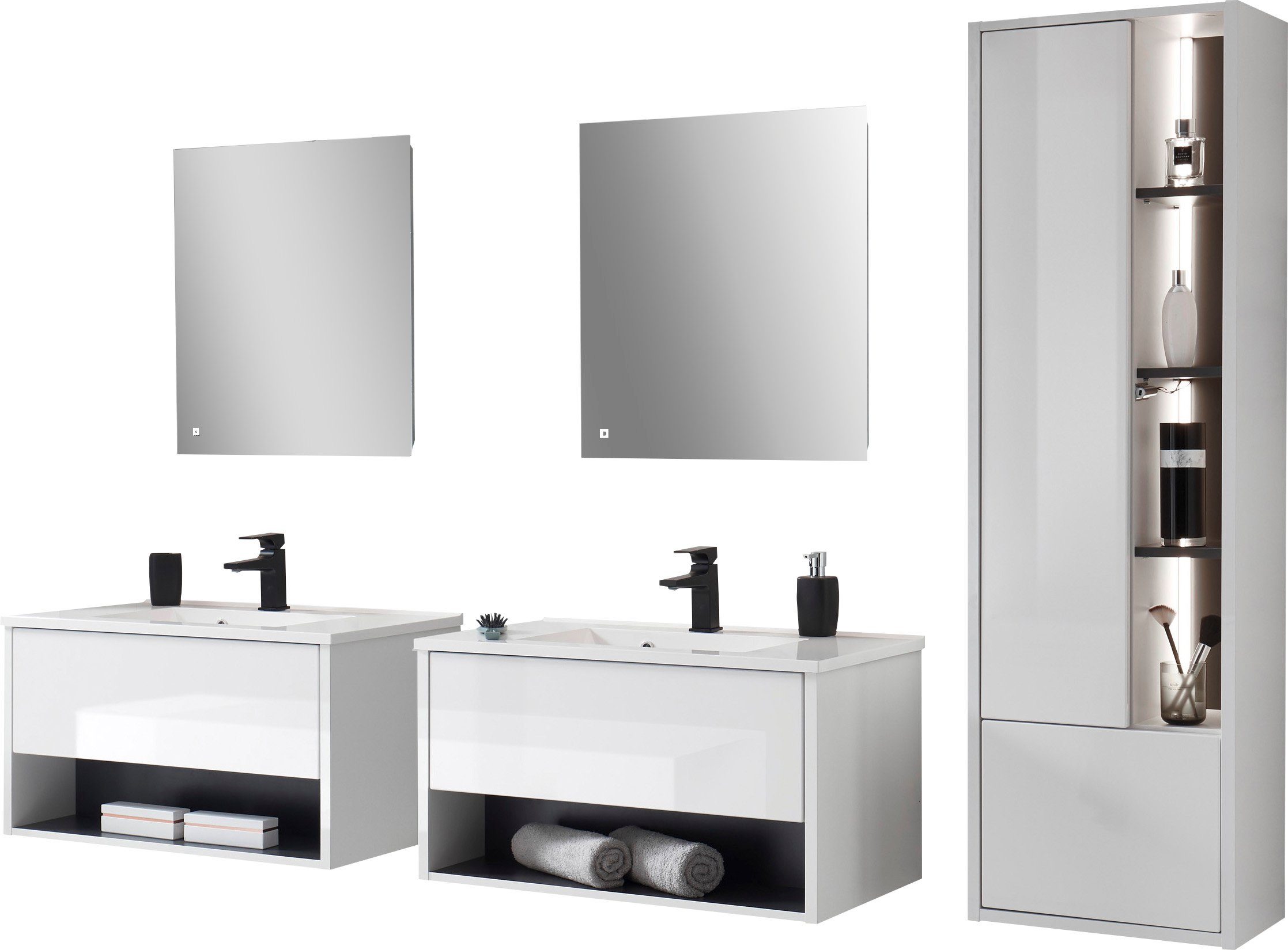 Home affaire Badmöbel-Set Studio Line, Bad im modernen Design, 5-teiliges Badezimmer, (5-St), Schrank, Waschtisch und Spiegel, in zwei Farben verfügbar, Stauraum