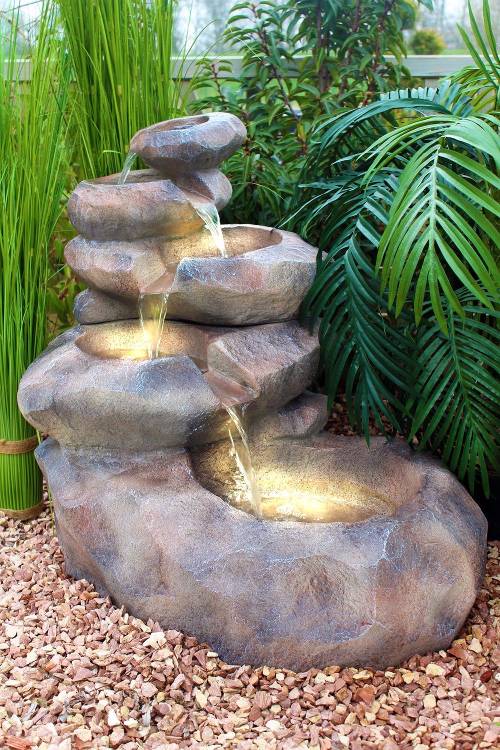 Arnusa Waterfall Garden Fountain SB109 Large Cascade in Stone Look, (Complete Set, 2 pcs), Fountain with LED Lighting