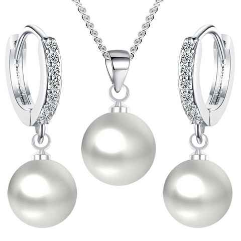 LÖB Ohrring und Ketten Set Damen Schmuckset 925 Silber Zirkonia Perle Halskette Creolen Hängend (Geschenke für Frauen Freundin zum Geburtstag Weihnachten Weihnachtsgeschenke), Set Perlenohrringe Brautschmuck Geburtstag Braut Hochzeit Strass Weiß