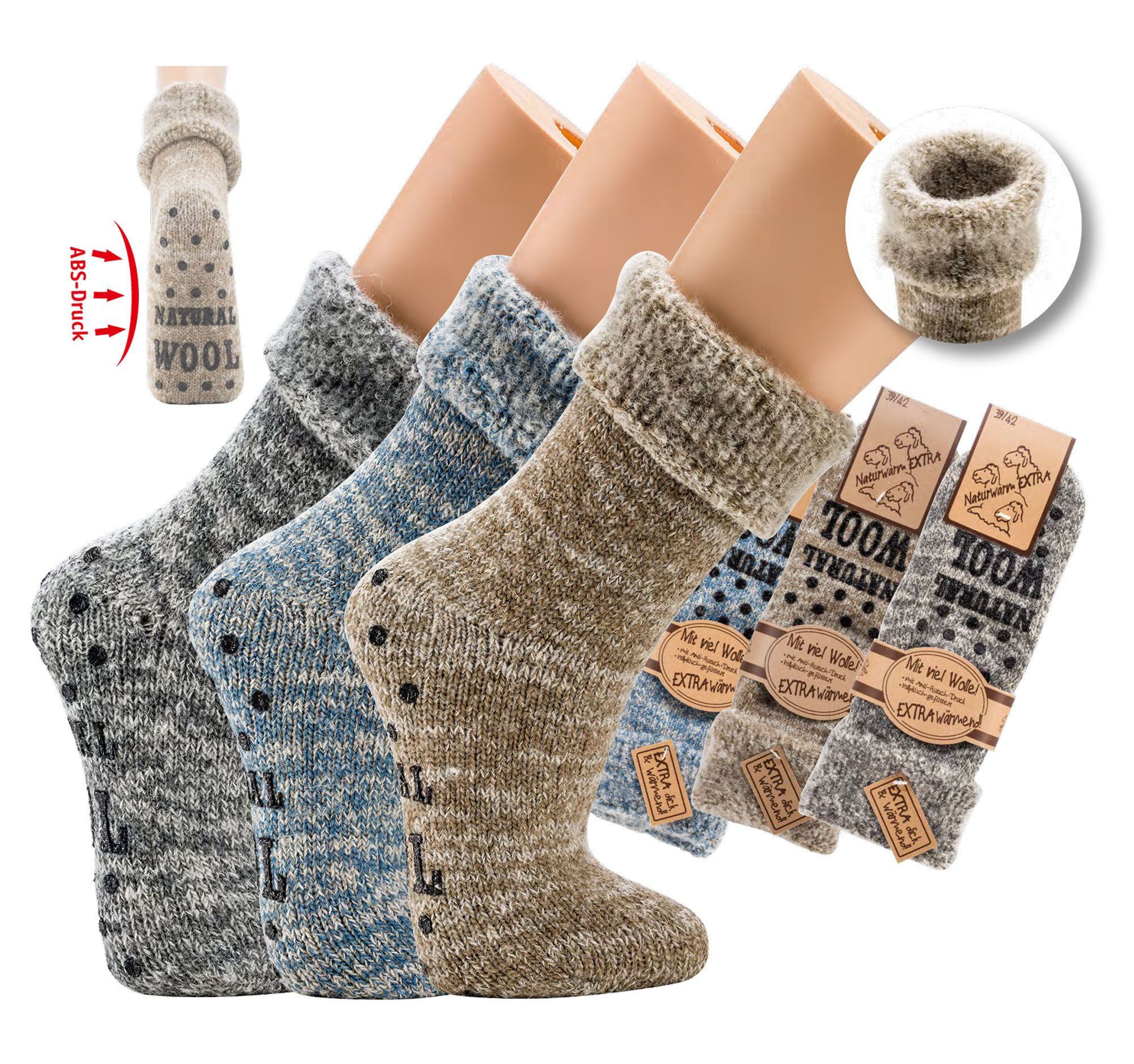 Socks 4 Fun ABS-Socken Flauschige Thermo Wollsocken mit ABS Druck für Herren und Frauen (Paar, 1-Paar, 1 Paar) mit ABS-Sohle graumelange