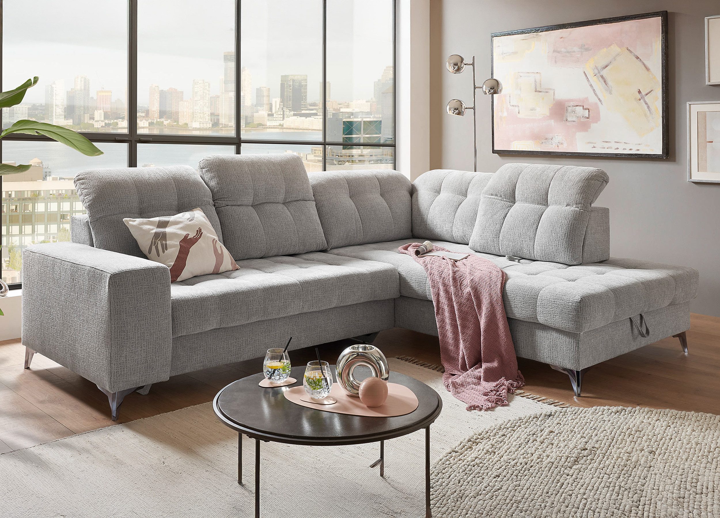 Massivart® Ecksofa Chenille hellgrau 289 cm / Nosagfederung / Bettkasten / VARADERO, elektr. Sitztiefenverstellung · frei im Raum stellbar
