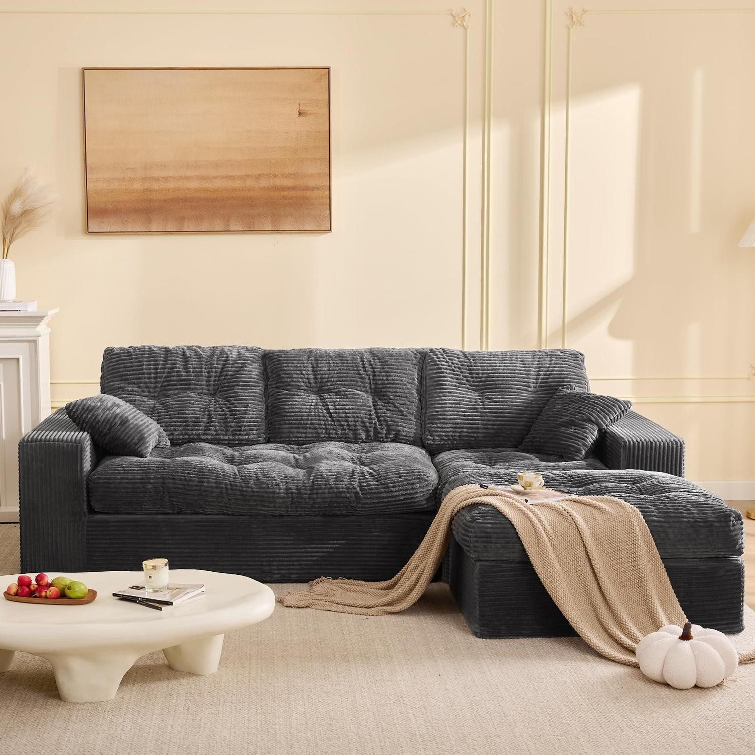 LuxusKollektion Ecksofa 3 Sitzer Ecksofa Recamiere Schlafsofa Cordstoff Bezug Grau, Eckcouch