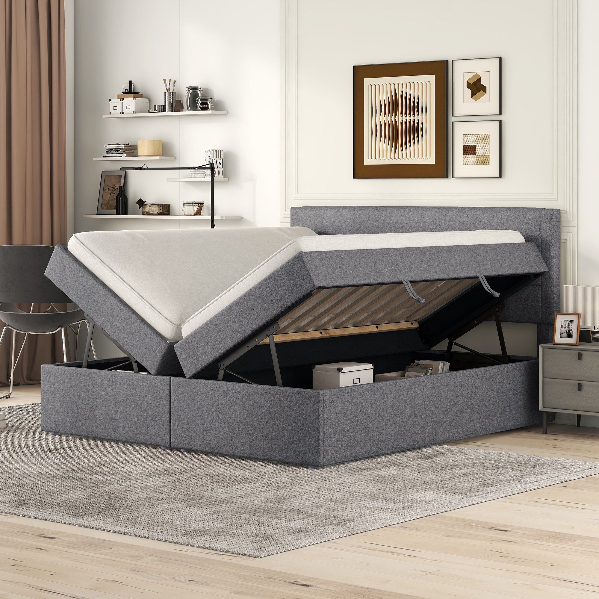 Flieks Polsterbett, Boxbett Doppelbett mit Stauraum Leinen 140x200cm günstig online kaufen