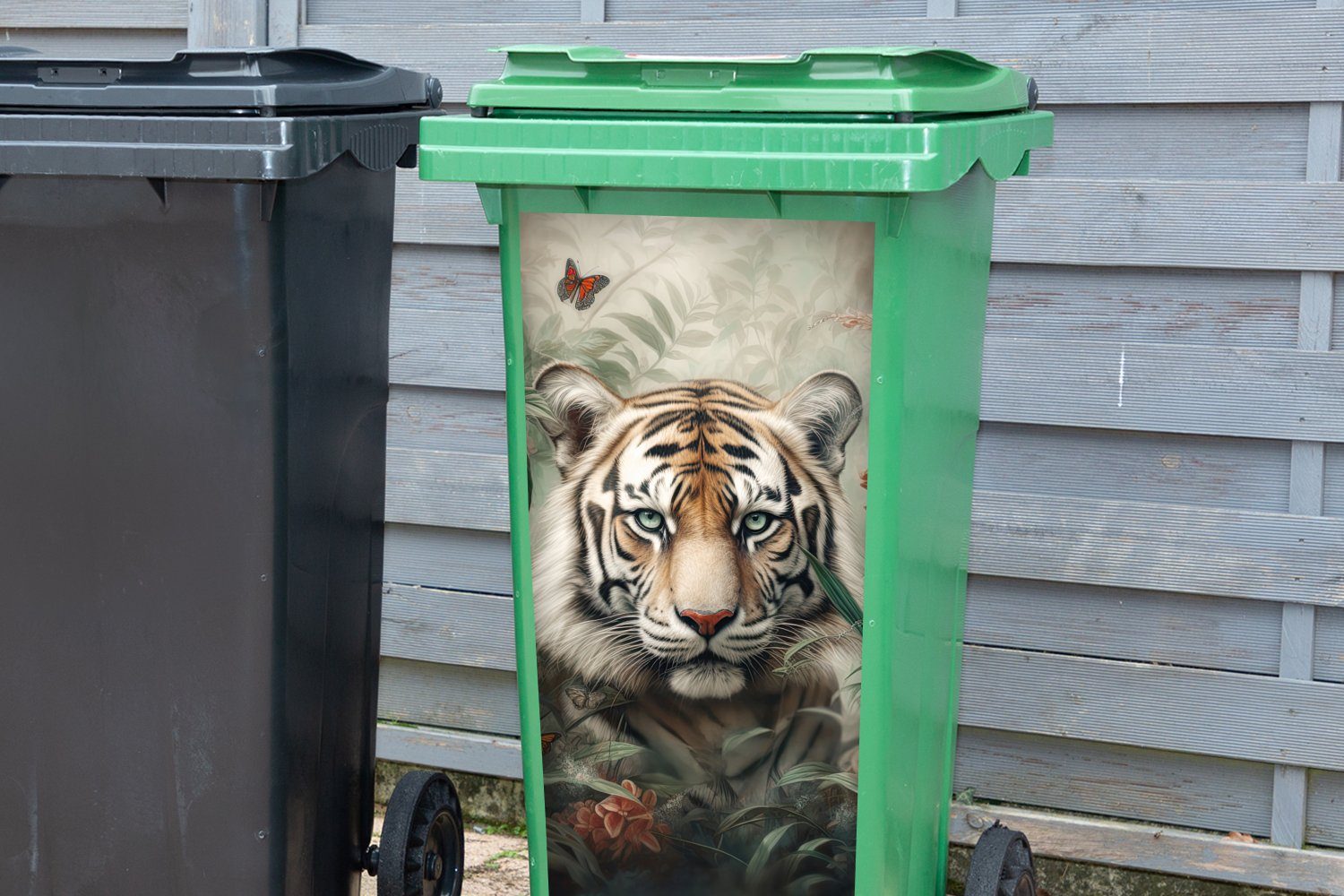 MuchoWow Wandsticker Tiger - Schmetterlinge Container, Dschungel - Abfalbehälter Mülltonne, (1 Sticker, - - Mülleimer-aufkleber, St), Blumen Tiere