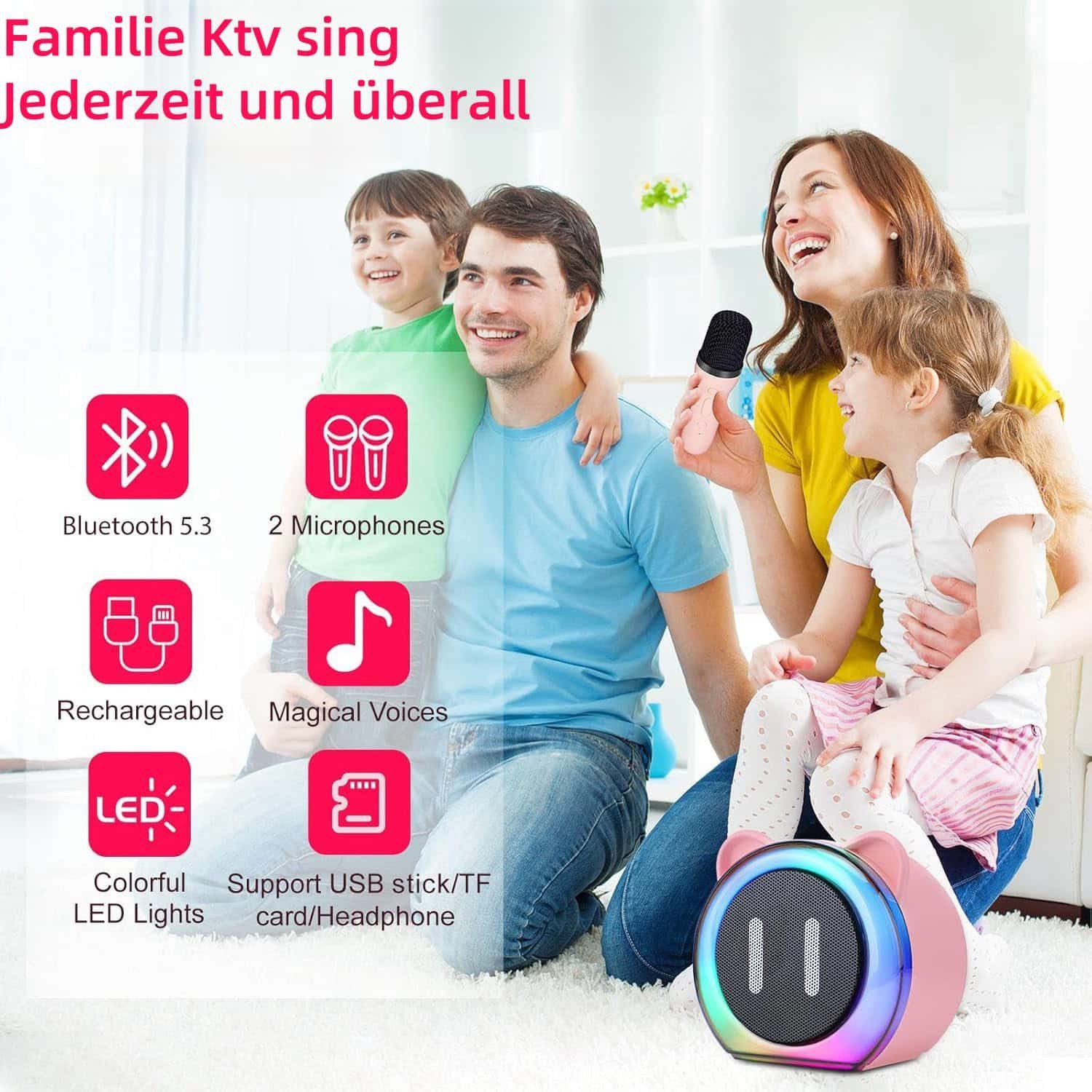 wohnTRAUM24 Mikrofon Mini Bluetooth Karaoke Maschine mit 2 Drahtlosen Mikrofonen, Tragbare Bluetooth Lautsprecher Box, Jungen Mädchen Geschenke