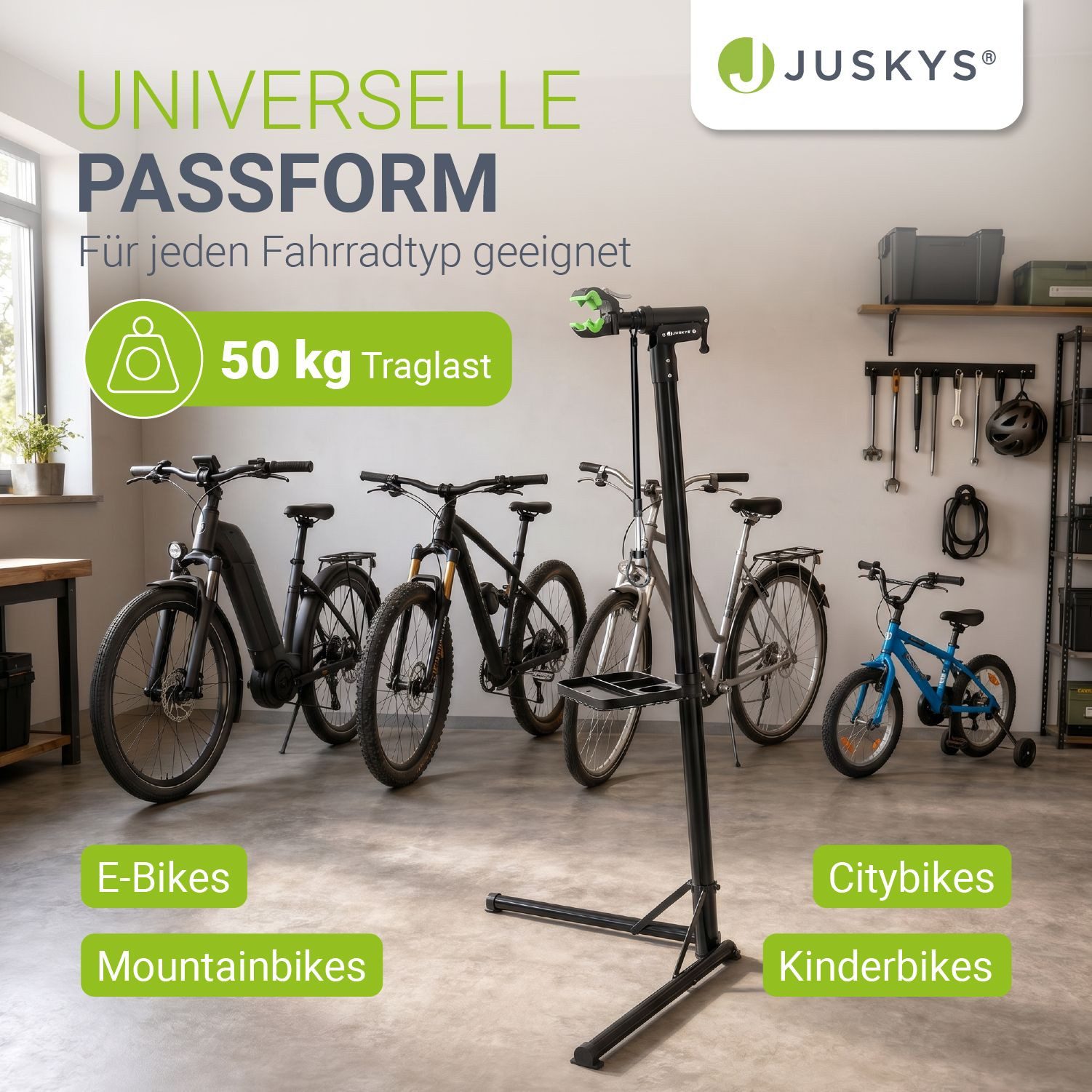 Juskys Fahrrad-Montageständer, bis 50 kg, E-Bike geeignet, klappbar, höhenverstellbar, 360° drehbar