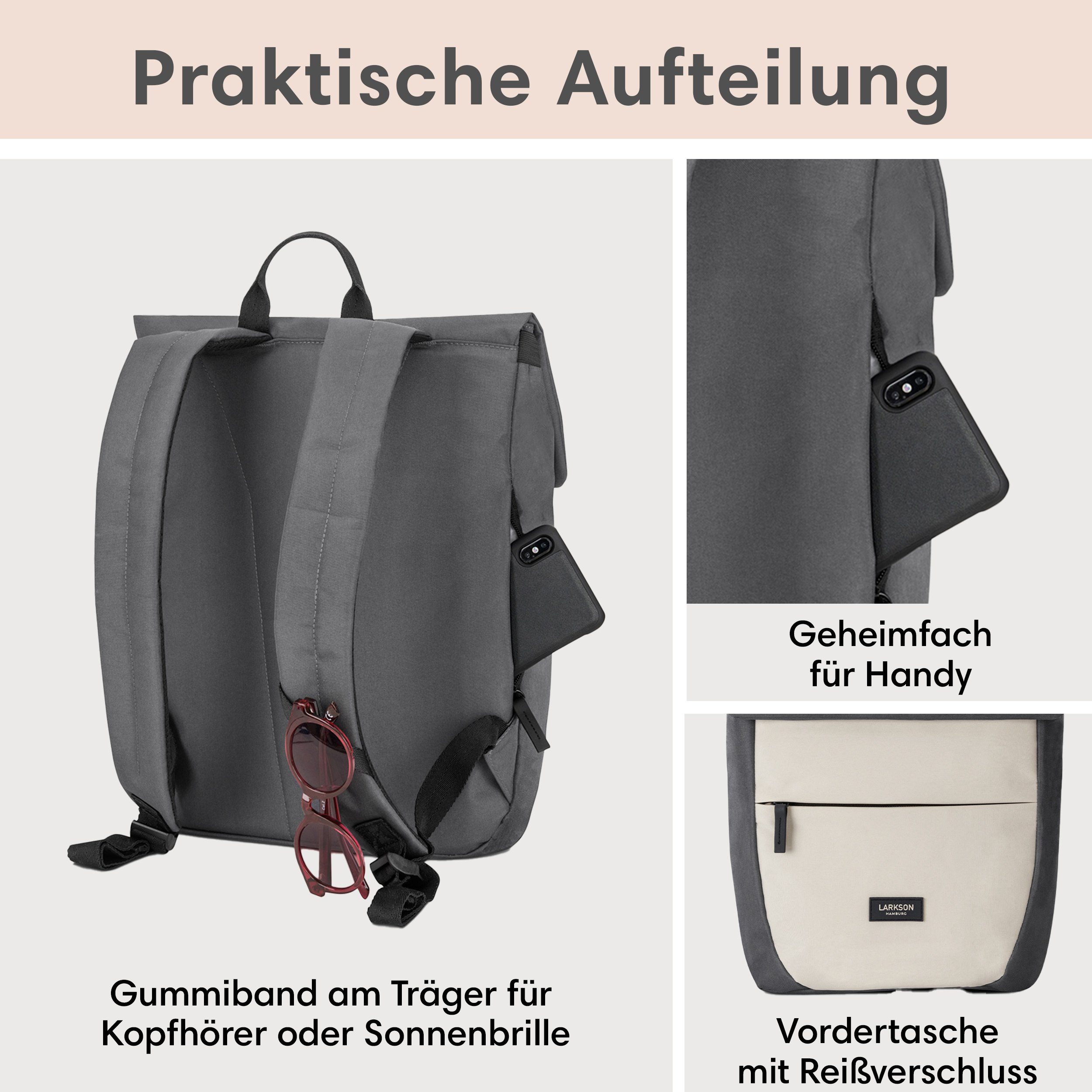 LARKSON Cityrucksack Ronja Laptop Rucksack Damen Herren Klein Elegant, Magnetverschluss, Laptopfach, Wasserabweisend