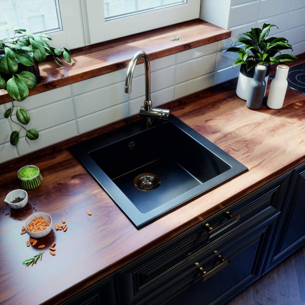 Küchenspüle 48x50 Granitspüle Granitspüle Möbel Set Schwarz Granit Faizee mit inkl.Siphon Cado Armatur