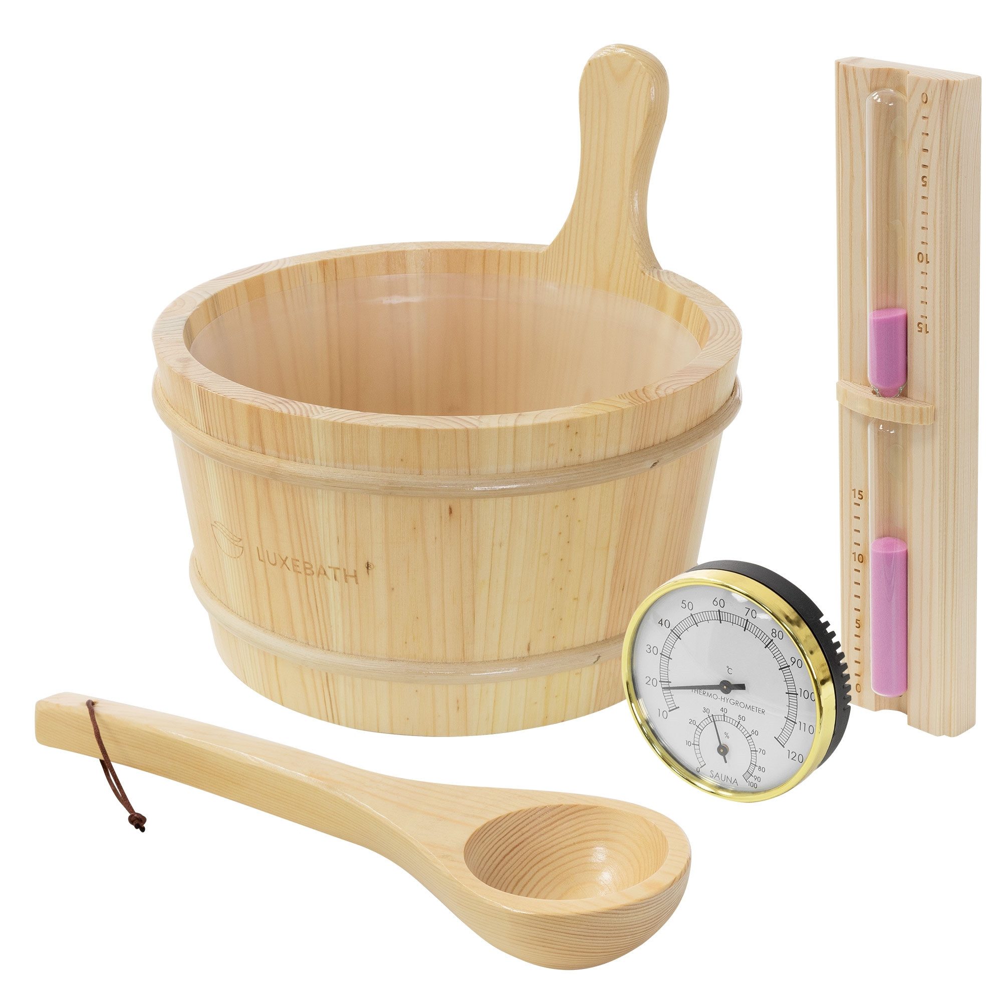 LuxeBath Sauna-Aufgussset 4-teilig Saunazubehör-Set aus massivem Kiefernholz, Sauna Set Zubehör Inkl. 4,5L Aufgusskübel, Kelle, Thermometer-Hygrometer, 15min. Sanduhr
