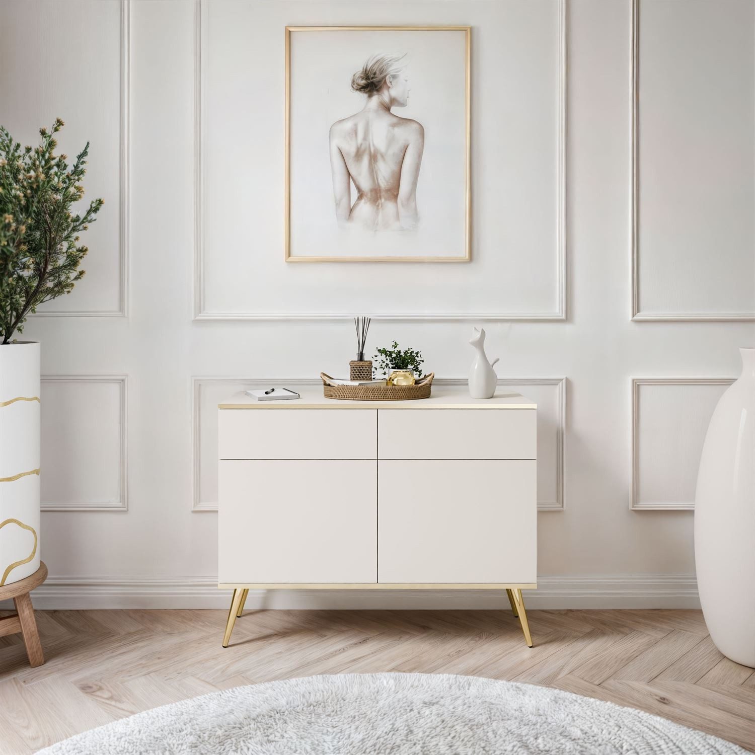 ALLHOUSE24 Kommode SENSO 107 cm zweitürige Sideboard mit zwei Schubladen gold Metallfüße, Breite 107 cm