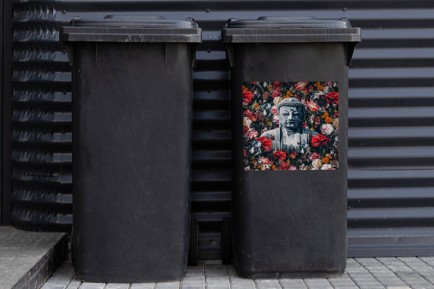 Container, Mülltonne, Blumen (1 Abfalbehälter Buddha - Rot Sticker, MuchoWow - Wandsticker St), Mülleimer-aufkleber,