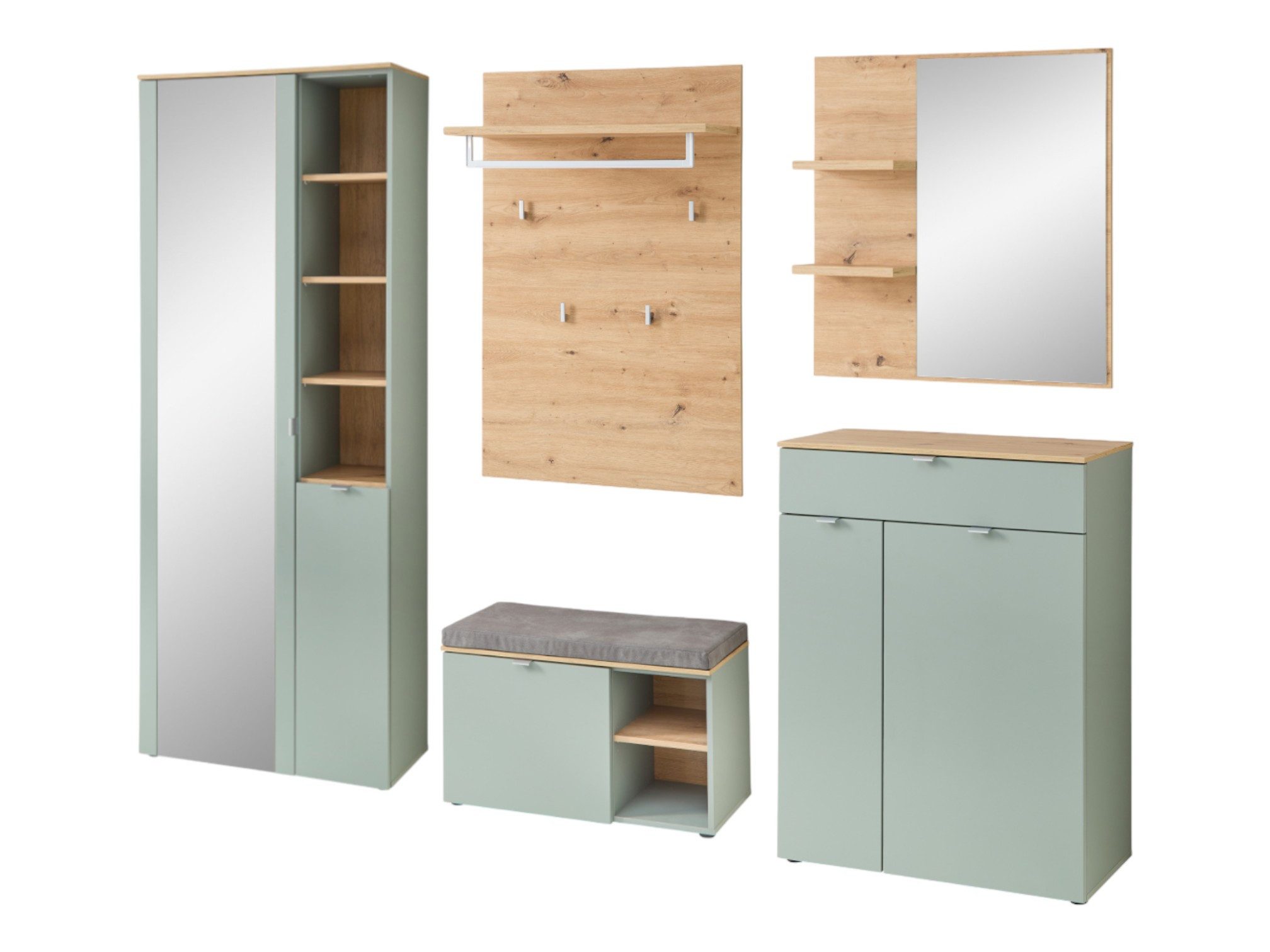 moebel-dich-auf Garderoben-Set PESCARA, (Komplett-Set, Garderobenschrank + Paneel + Bank + Spiegel + Schuhkommode), erhältlich in 2 Farbkombinationen, Soft-Close-Funktion, Selbsteinzug