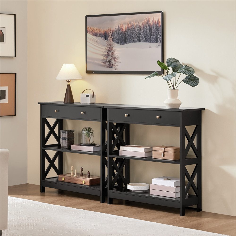 Yaheetech Konsolentisch 3-stufiger Beistelltisch, Sofatisch mit Schublade & Ablagefächern, Flurtisch