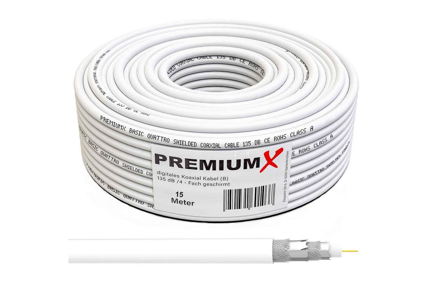 PremiumX 15m BASIC Koaxialkabel 135dB 4-fach CCS SAT Kabel Antennenkabel TV-Kabel