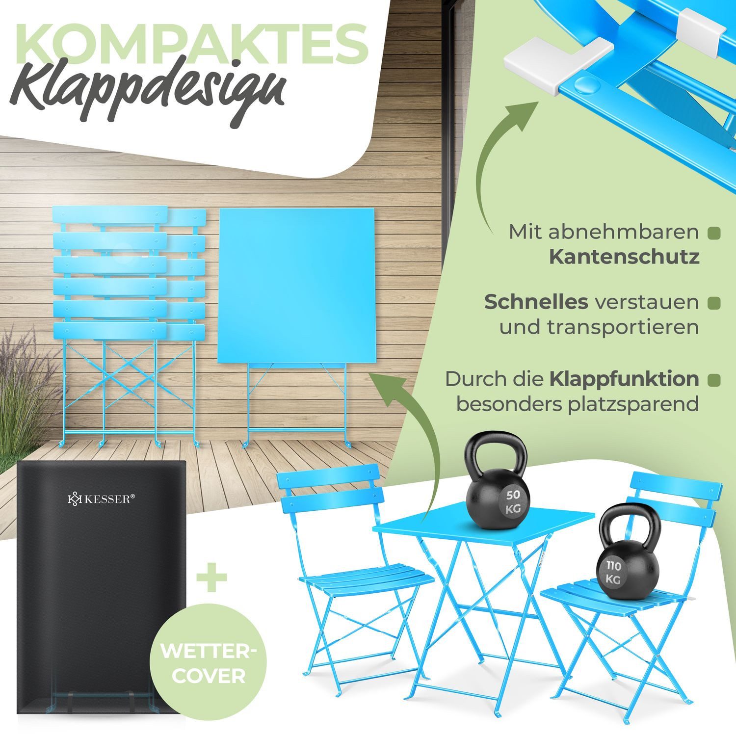 KESSER Bistrotisch 3-teiliges Bistroset Outdoor Sitzgruppe (1x Balkontisch mit 2 Stühlen & Schutzabdeckung), Balkonmöbel UV- & Wetterbeständig Gartenmöbel