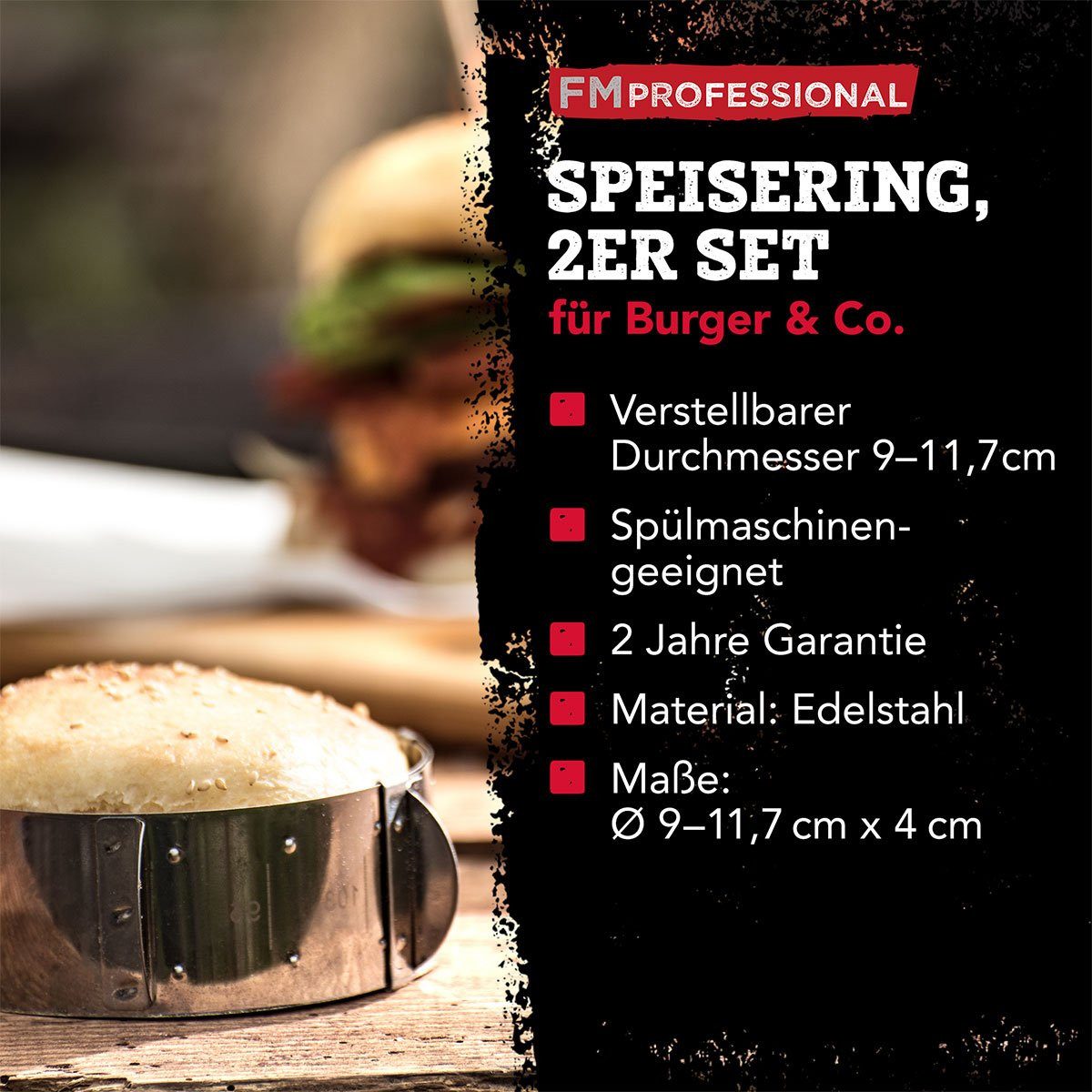 FMprofessional Speisering 2x Burgerringe für leckere Hamburger – verstellbar Ø 9 cm - 11,7 cm