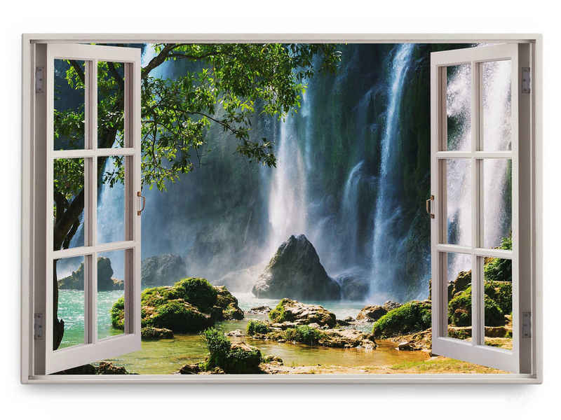 Sinus Art Leinwandbild Wandbild 120x80cm Fensterbild Wasserfälle Vietnam Tropisch Grün Natur, (1 St)