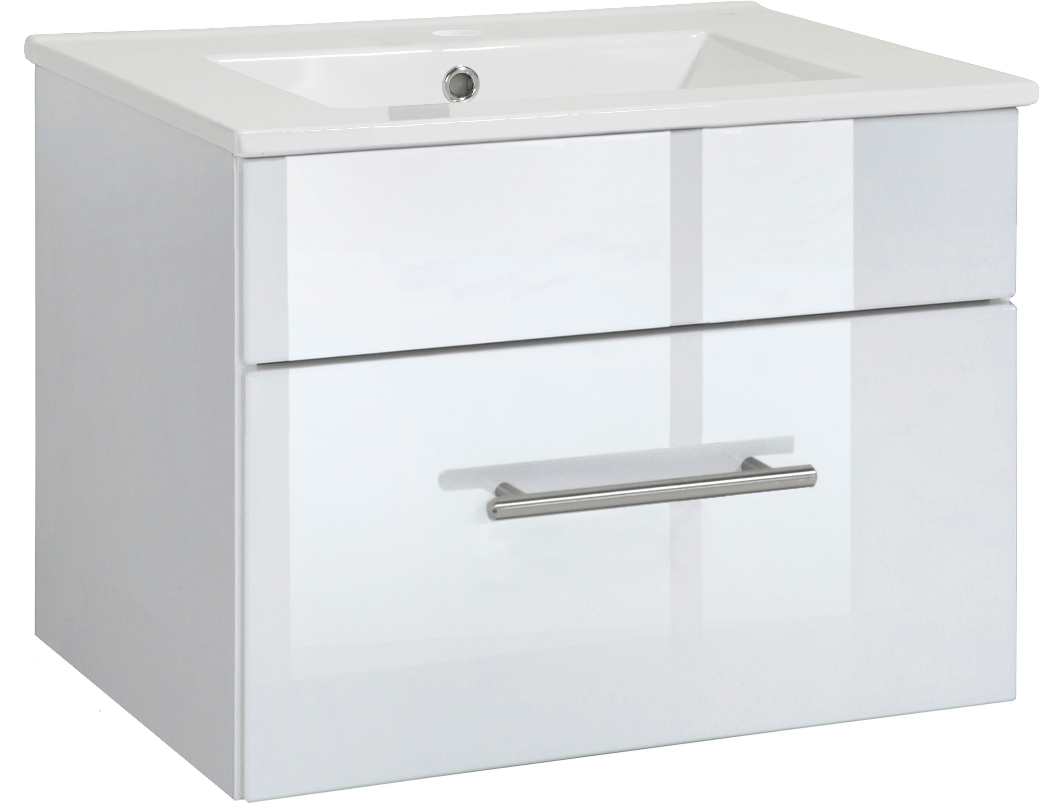 welltime Waschtisch Trento Light mit Keramik-Auflagebecken, 1 feste Blende und 1 Auszug, Breite: 61cm, Weiß Hochglanz